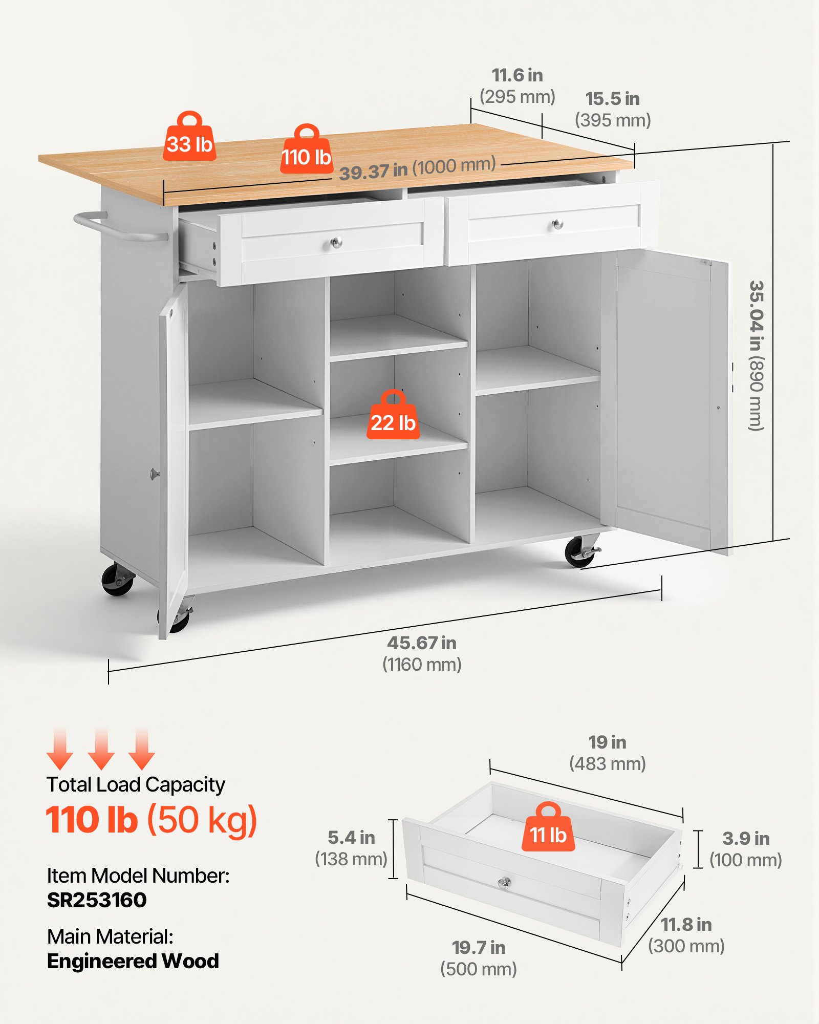VEVOR Kitchen Island Cart with Storage, 45.67 in Wide Mobile Rolling Storage Island on Swivel Wheels, with 2 Drawers, Storage Cabinet, Drop Leaf, Towel Rack, Table for Home Dining Room, White