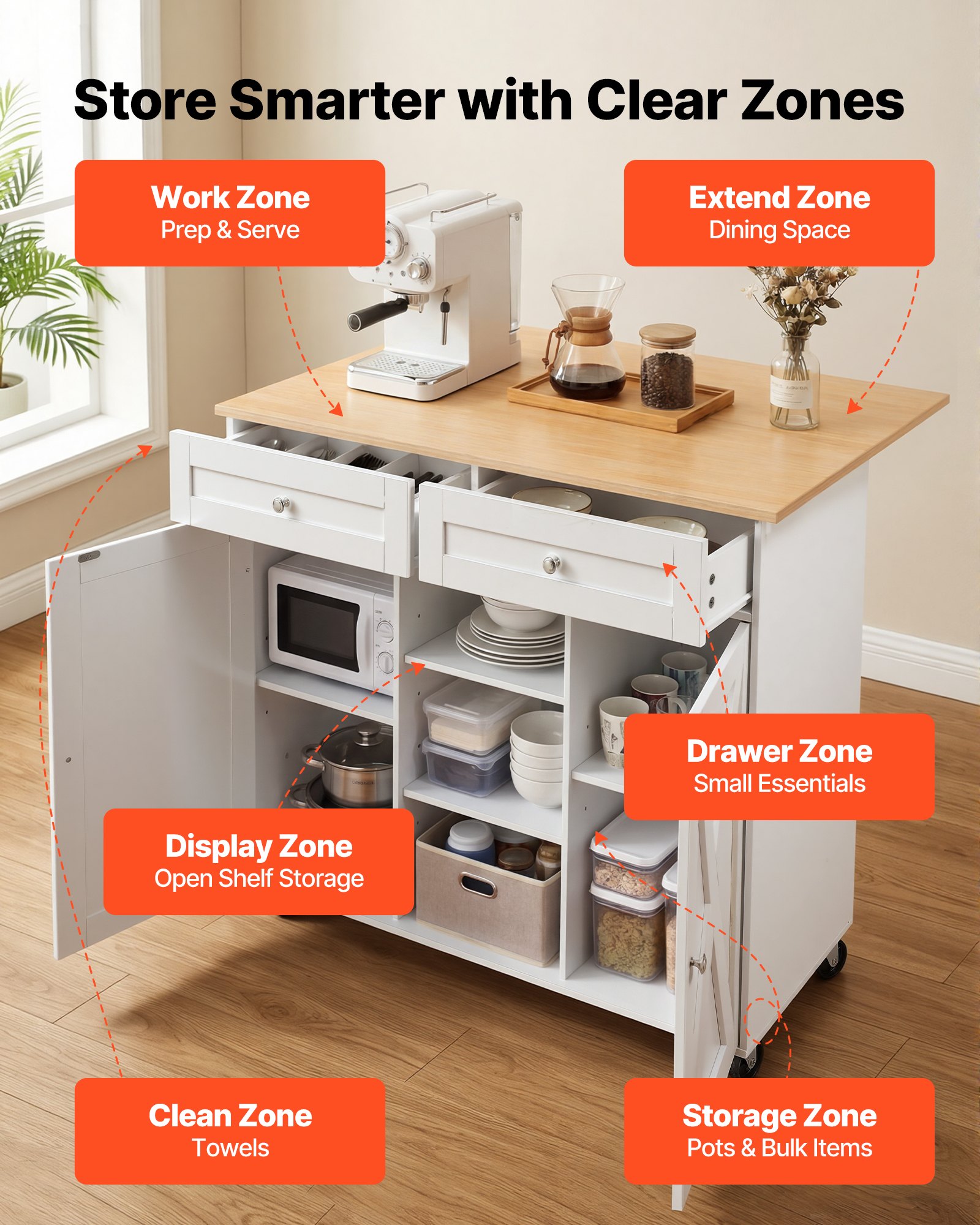 VEVOR Kitchen Island Cart with Storage, 45.67 in Wide Mobile Rolling Storage Island on Swivel Wheels, with 2 Drawers, Storage Cabinet, Drop Leaf, Towel Rack, Table for Home Dining Room, White
