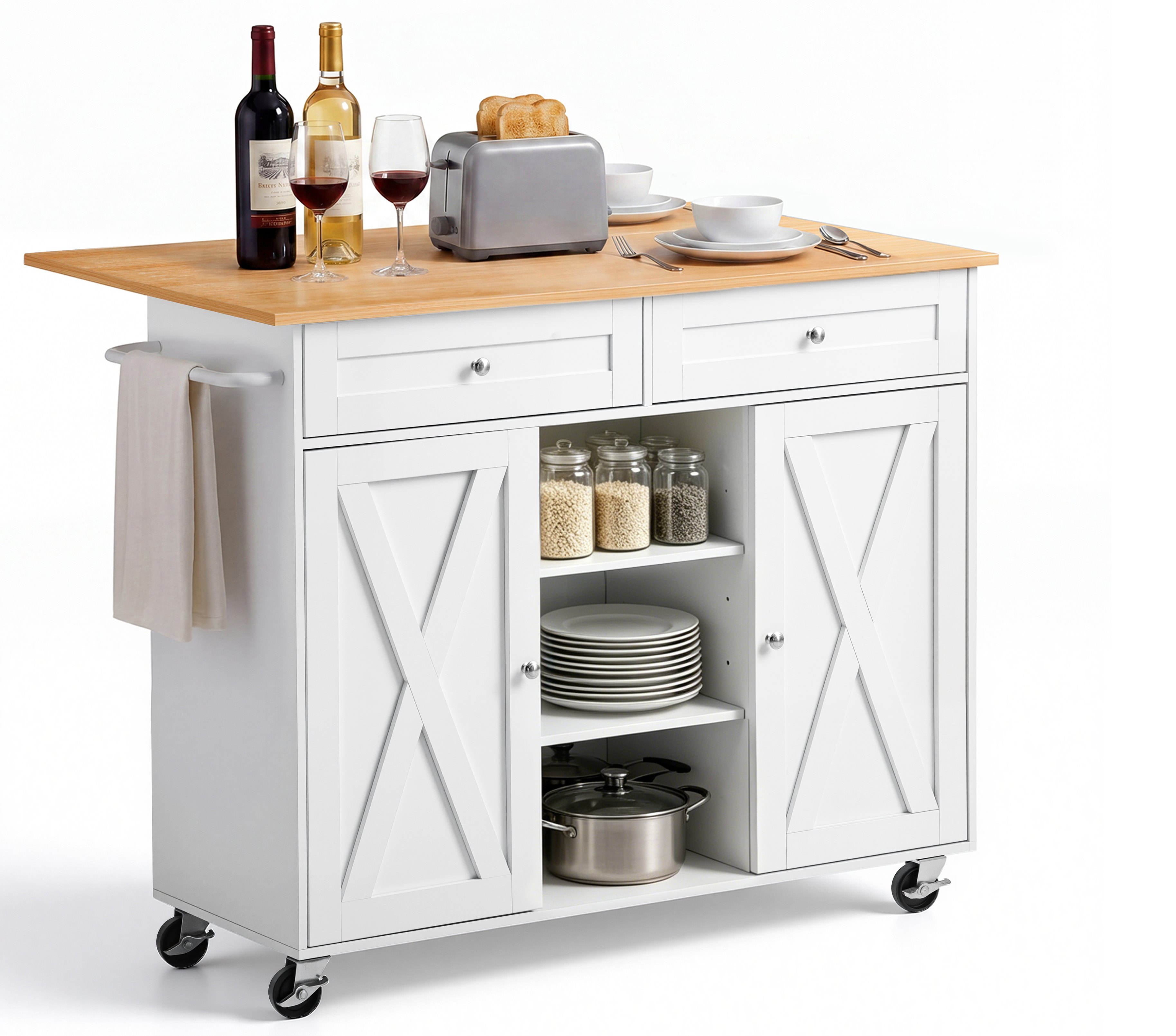 VEVOR Kitchen Island Cart with Storage, 45.67 in Wide Mobile Rolling Storage Island on Swivel Wheels, with 2 Drawers, Storage Cabinet, Drop Leaf, Towel Rack, Table for Home Dining Room, White