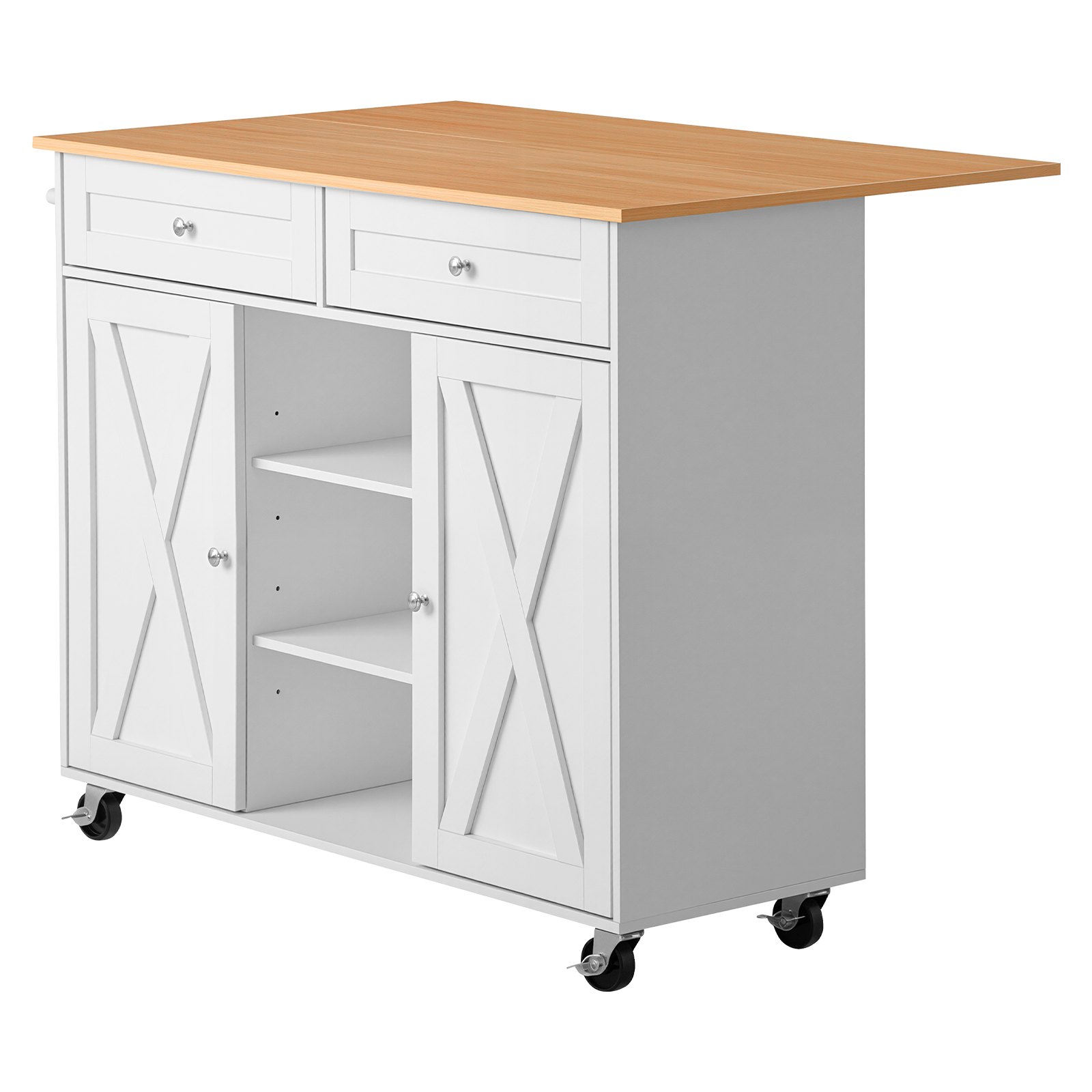 VEVOR Kitchen Island Cart with Storage, 45.67 in Wide Mobile Rolling Storage Island on Swivel Wheels, with 2 Drawers, Storage Cabinet, Drop Leaf, Towel Rack, Table for Home Dining Room, White