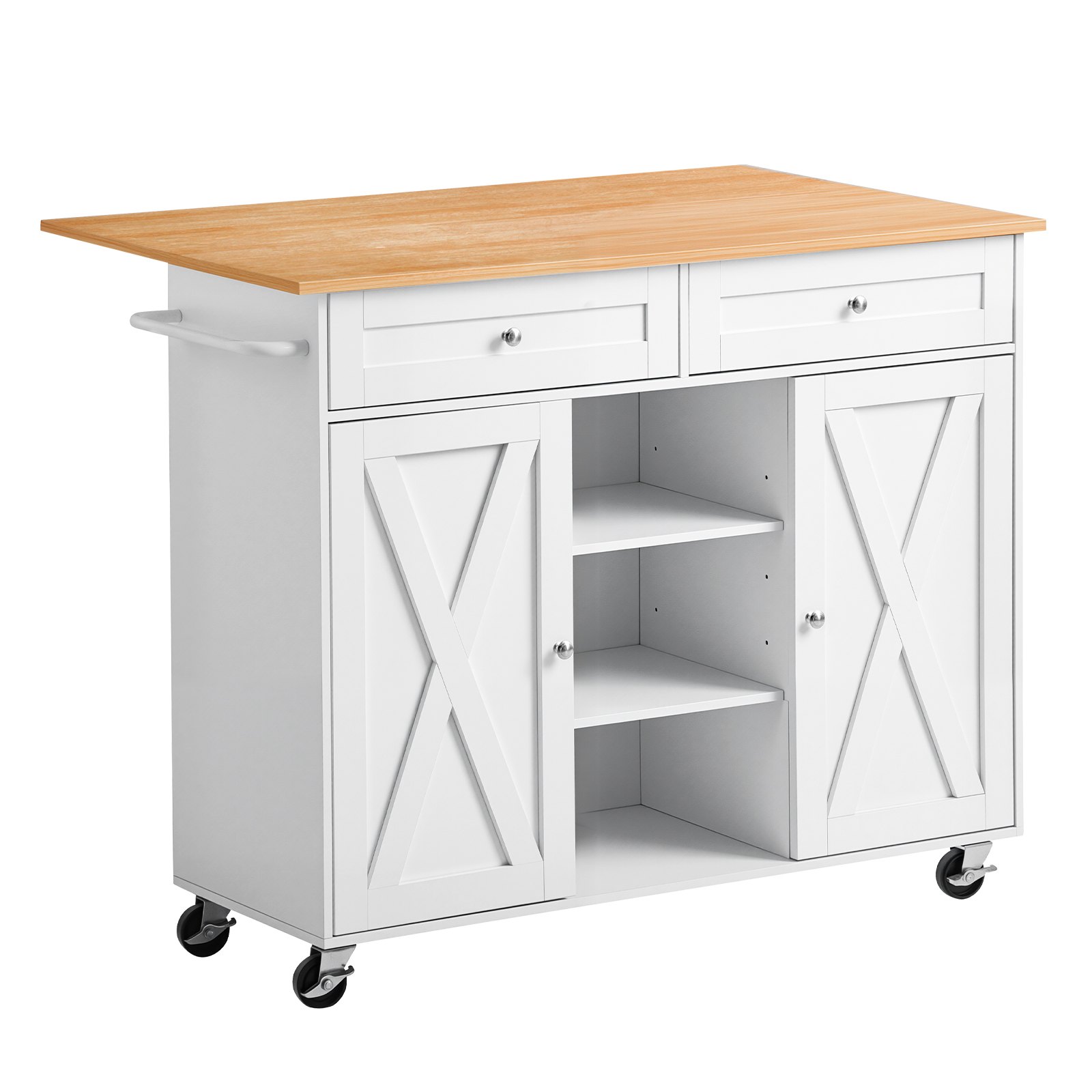 VEVOR Kitchen Island Cart with Storage, 45.67 in Wide Mobile Rolling Storage Island on Swivel Wheels, with 2 Drawers, Storage Cabinet, Drop Leaf, Towel Rack, Table for Home Dining Room, White
