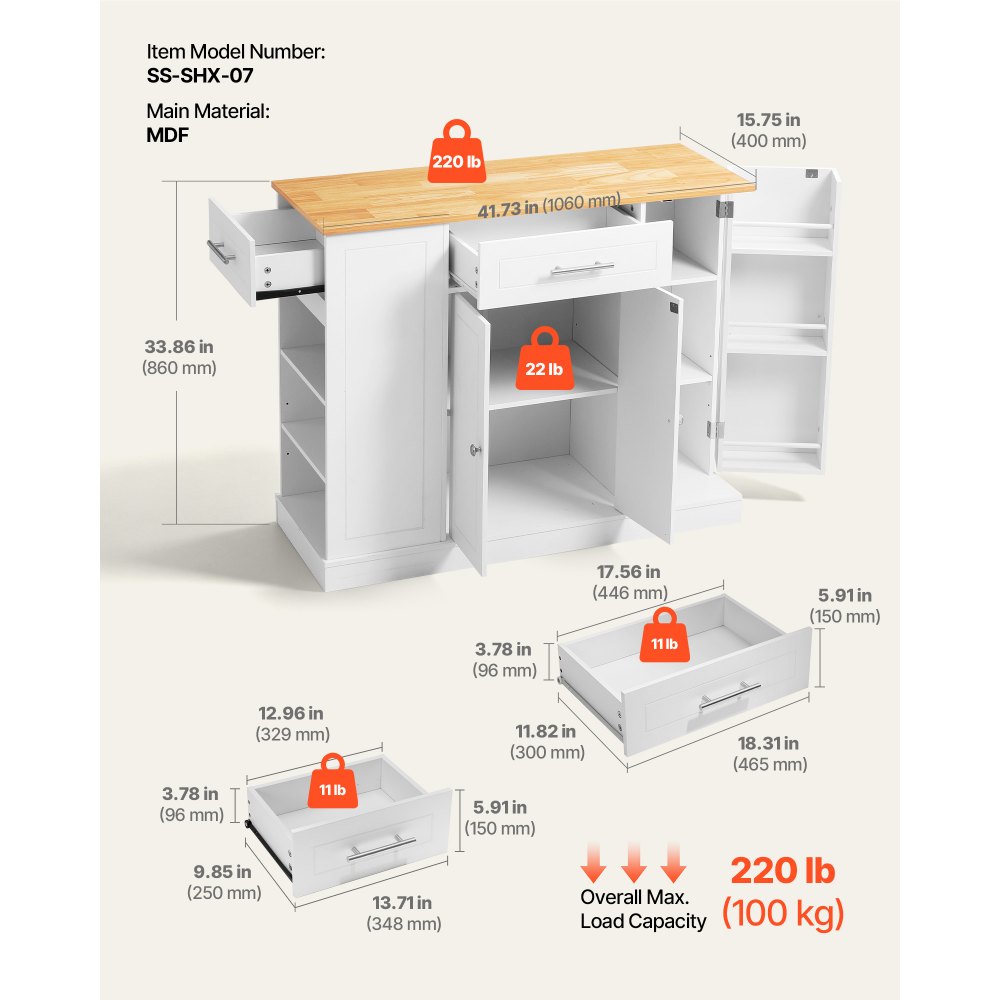 VEVOR Kitchen Island Cart with Storage, 42.36 in Wide Island Table for Kitchen, with 2 Drawers, Storage Cabinet, Table for Home Dining Room, White