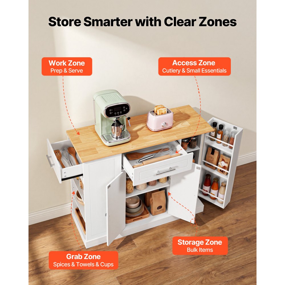 VEVOR Kitchen Island Cart with Storage, 42.36 in Wide Island Table for Kitchen, with 2 Drawers, Storage Cabinet, Table for Home Dining Room, White