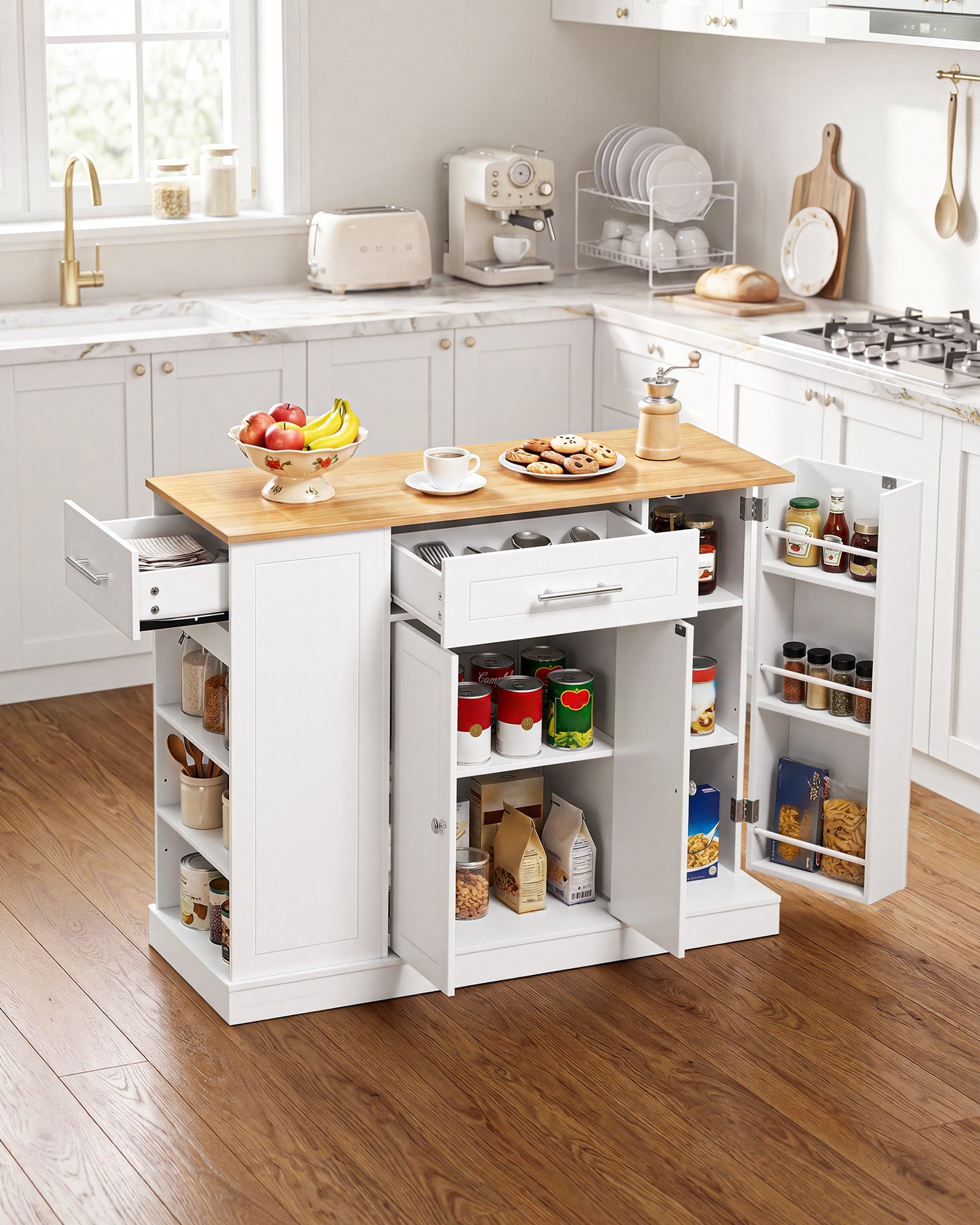 VEVOR Kitchen Island Cart with Storage, 42.36 in Wide Island Table for Kitchen, with 2 Drawers, Storage Cabinet, Table for Home Dining Room, White