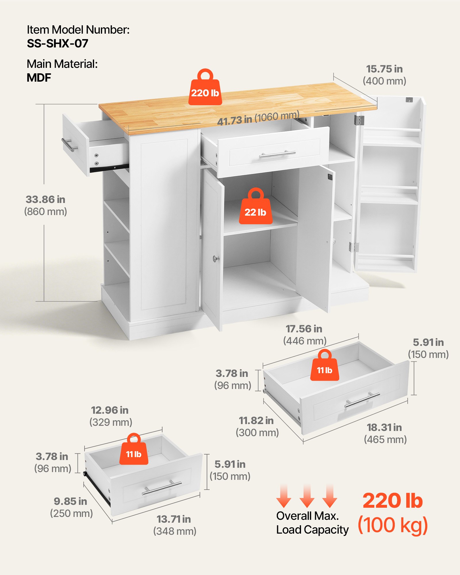 VEVOR Kitchen Island Cart with Storage, 42.36 in Wide Island Table for Kitchen, with 2 Drawers, Storage Cabinet, Table for Home Dining Room, White