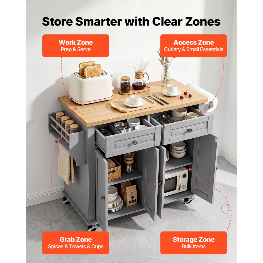 VEVOR Kitchen Island Cart with Storage, 43.7 in Wide Mobile Rolling Storage Island on Swivel Wheels, with 2 Drawers, Storage Cabinet, Spice/Towel Rack, Hooks, Table for Home Dining Room, Gray
