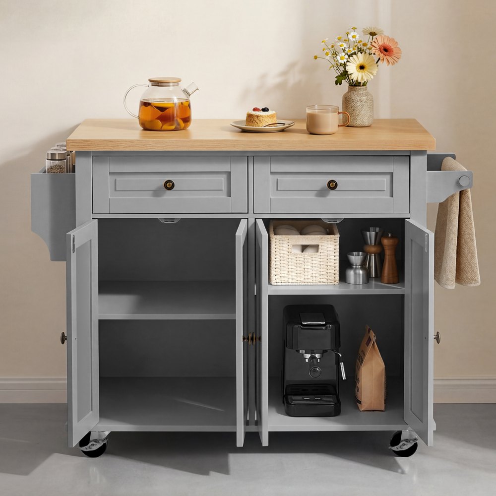 VEVOR Kitchen Island Cart with Storage, 43.7 in Wide Mobile Rolling Storage Island on Swivel Wheels, with 2 Drawers, Storage Cabinet, Spice/Towel Rack, Hooks, Table for Home Dining Room, Gray