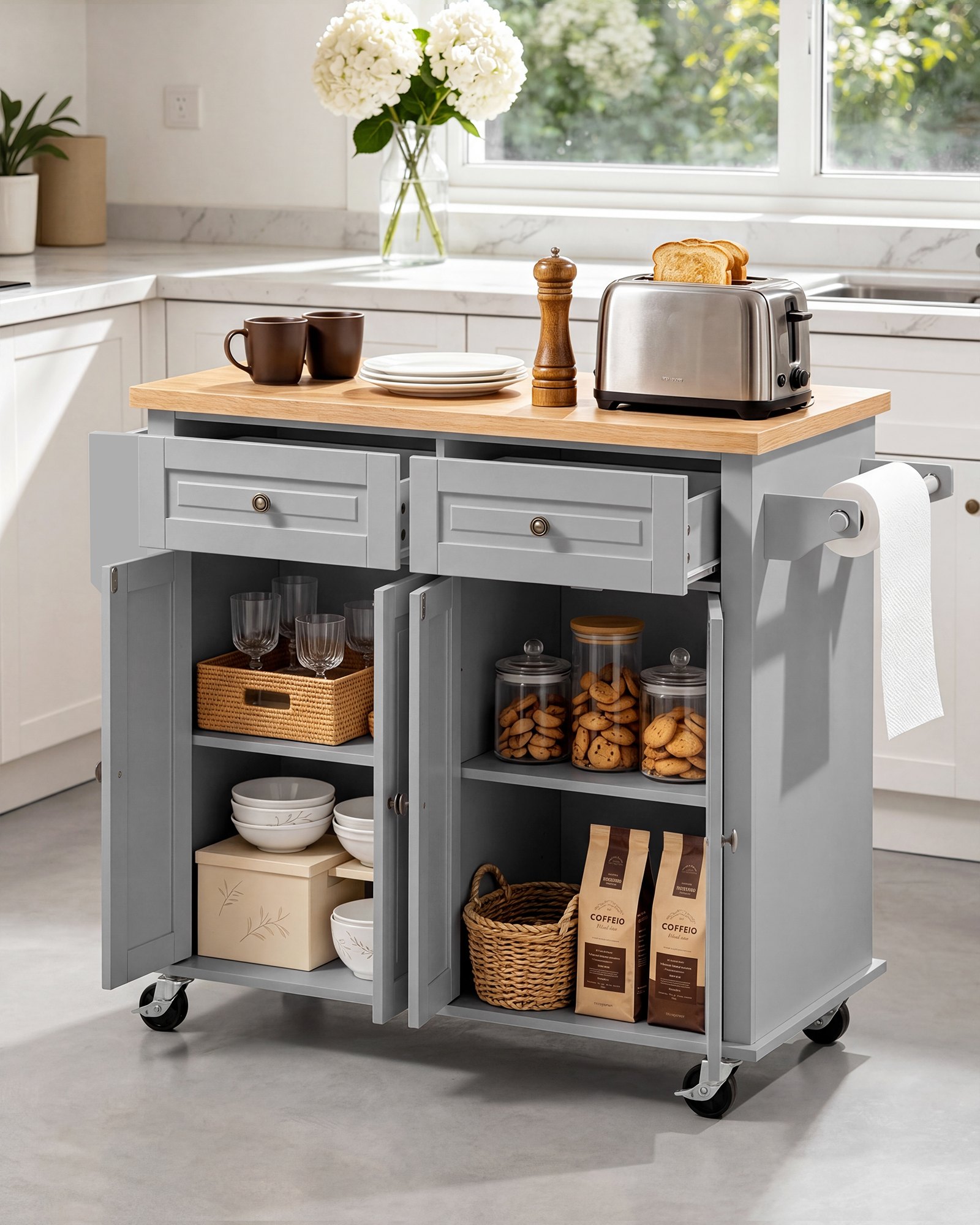 VEVOR Kitchen Island Cart with Storage, 43.7 in Wide Mobile Rolling Storage Island on Swivel Wheels, with 2 Drawers, Storage Cabinet, Spice/Towel Rack, Hooks, Table for Home Dining Room, Gray