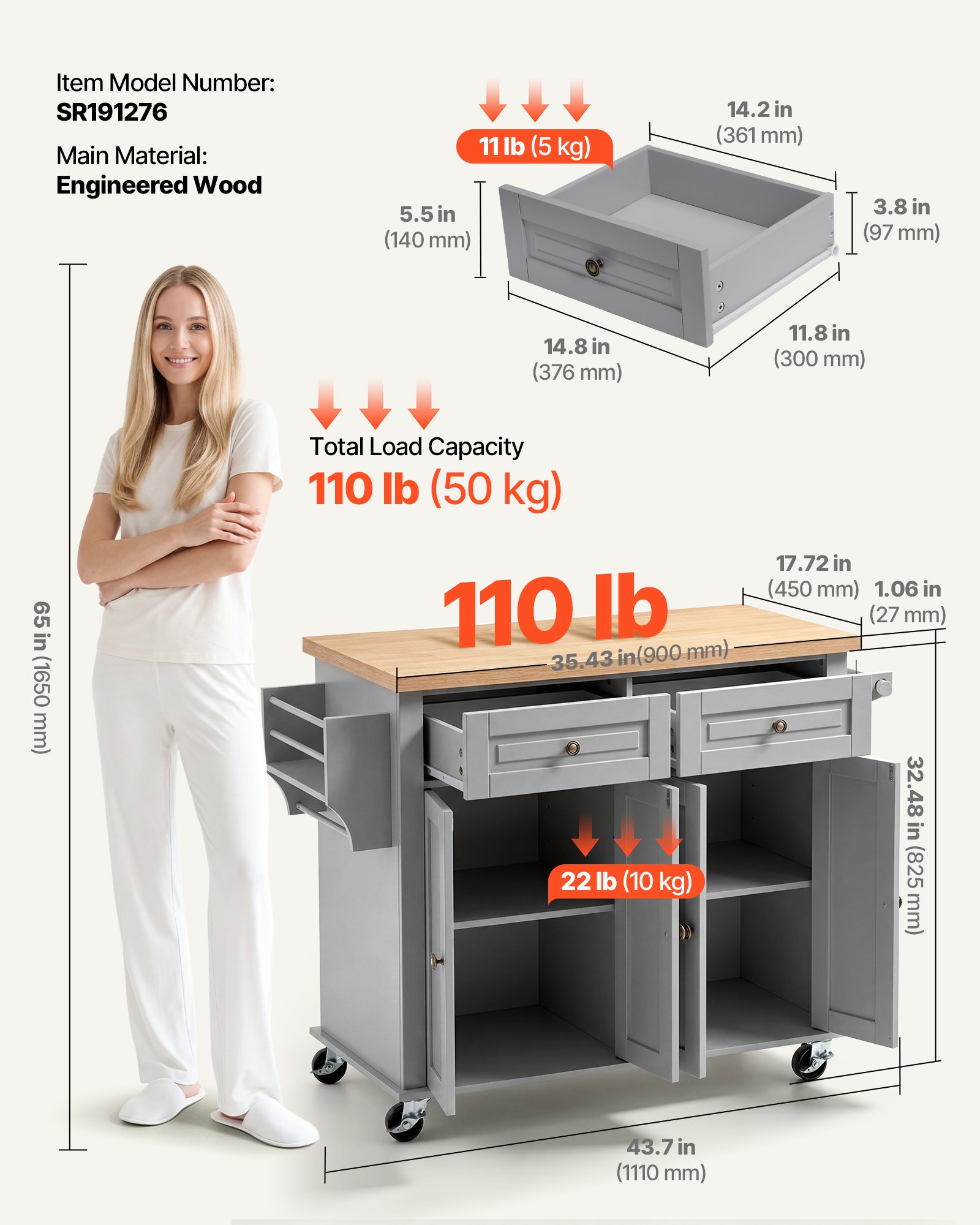 VEVOR Kitchen Island Cart with Storage, 43.7 in Wide Mobile Rolling Storage Island on Swivel Wheels, with 2 Drawers, Storage Cabinet, Spice/Towel Rack, Hooks, Table for Home Dining Room, Gray