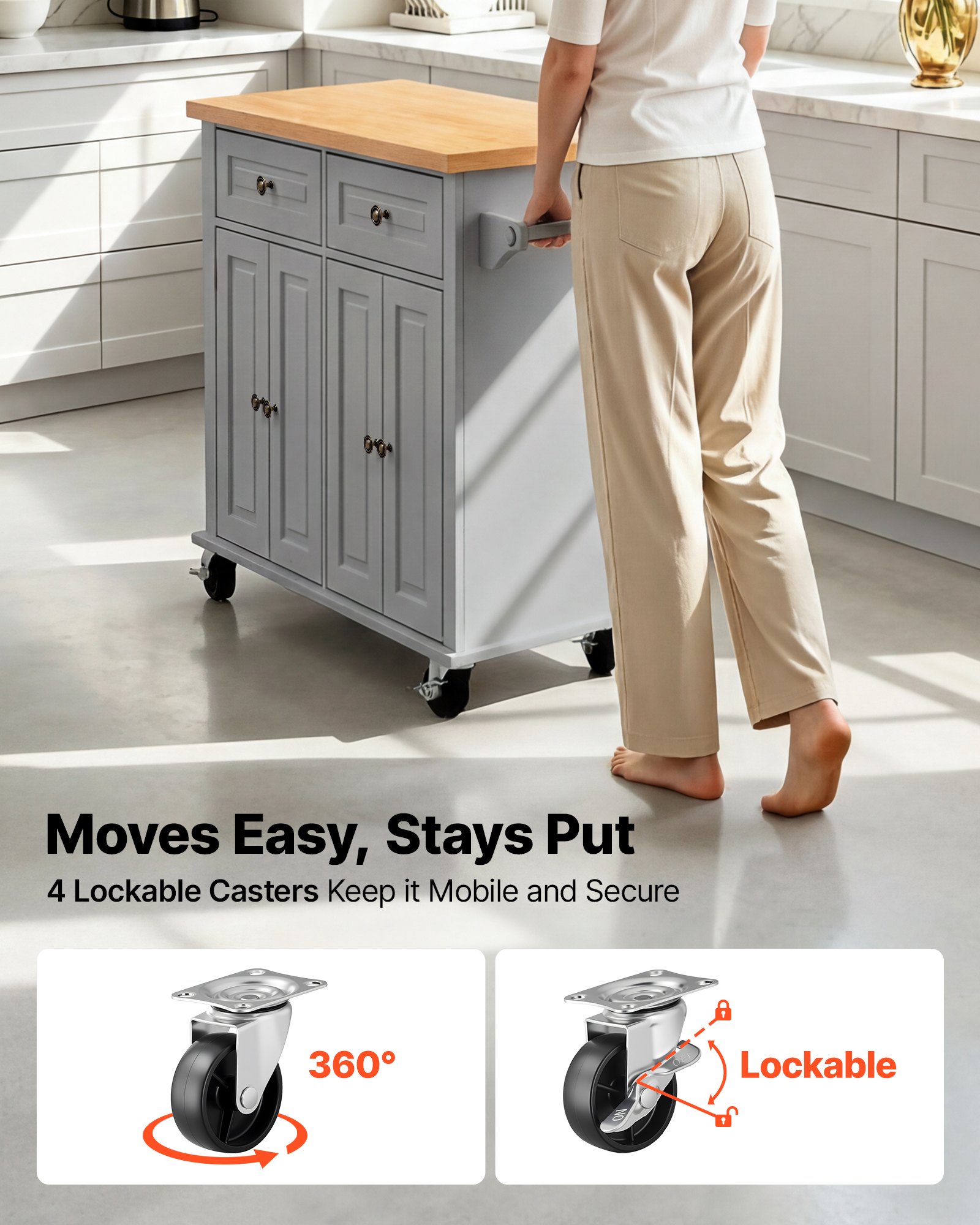VEVOR Kitchen Island Cart with Storage, 43.7 in Wide Mobile Rolling Storage Island on Swivel Wheels, with 2 Drawers, Storage Cabinet, Spice/Towel Rack, Hooks, Table for Home Dining Room, Gray
