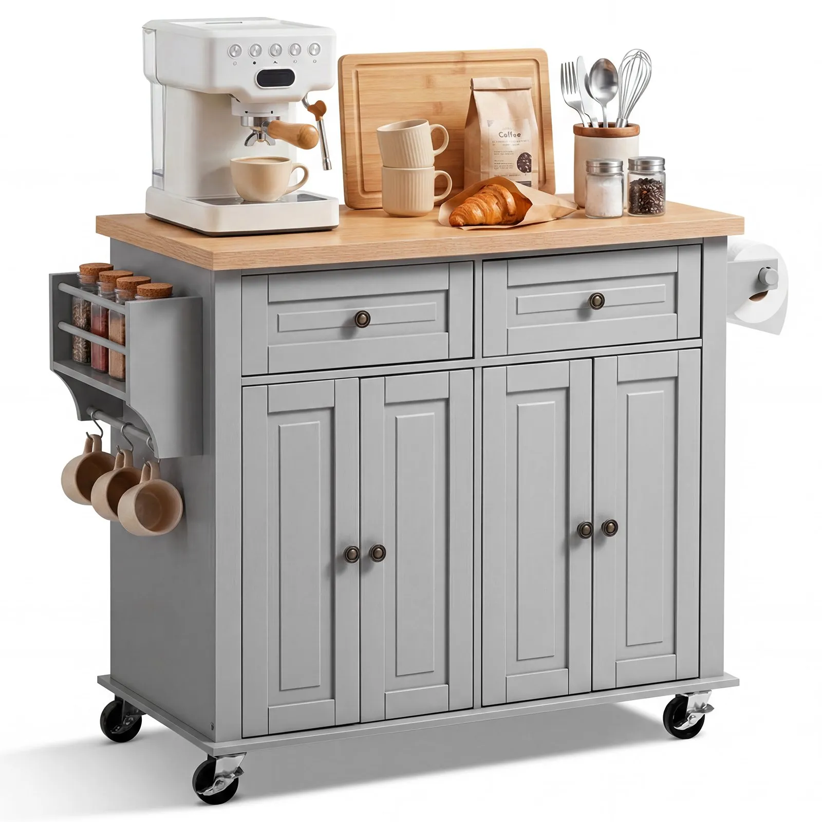 VEVOR Kitchen Island Cart with Storage, 43.7 in Wide Mobile Rolling Storage Island on Swivel Wheels, with 2 Drawers, Storage Cabinet, Spice/Towel Rack, Hooks, Table for Home Dining Room, Gray