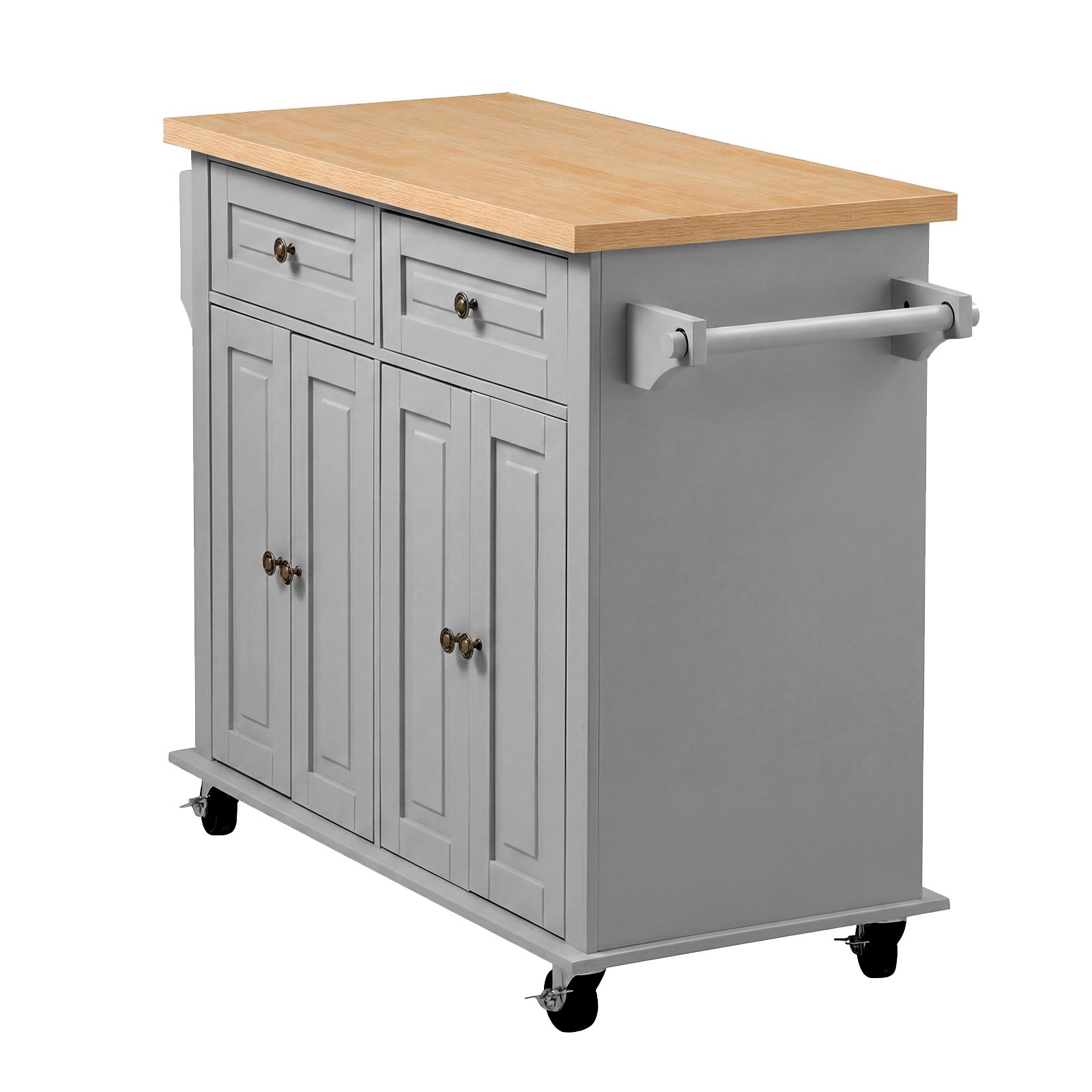VEVOR Kitchen Island Cart with Storage, 43.7 in Wide Mobile Rolling Storage Island on Swivel Wheels, with 2 Drawers, Storage Cabinet, Spice/Towel Rack, Hooks, Table for Home Dining Room, Gray