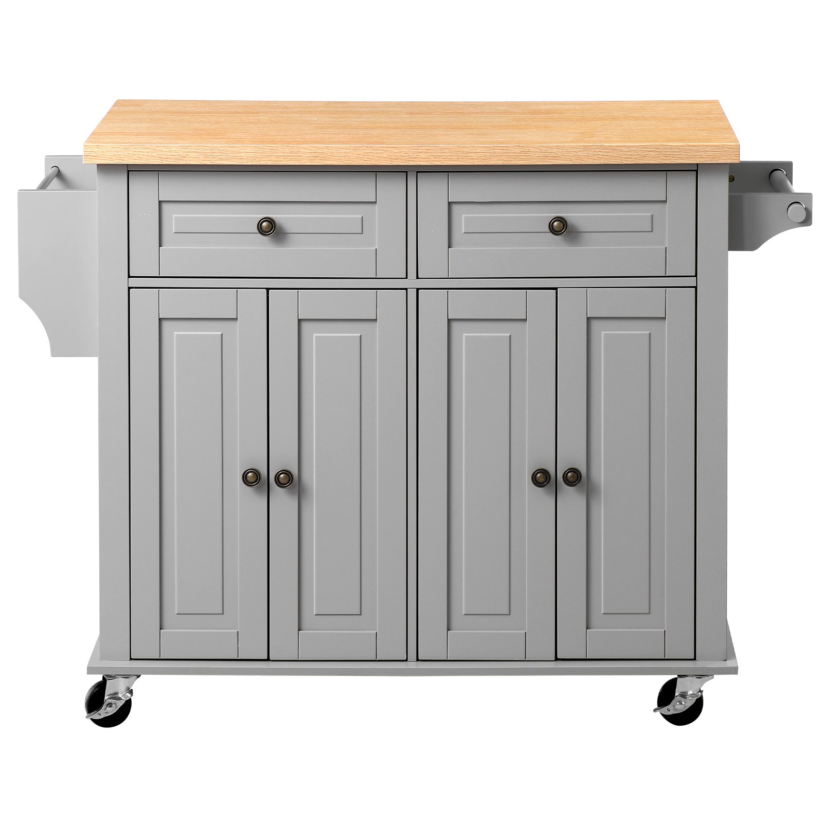 VEVOR Kitchen Island Cart with Storage, 43.7 in Wide Mobile Rolling Storage Island on Swivel Wheels, with 2 Drawers, Storage Cabinet, Spice/Towel Rack, Hooks, Table for Home Dining Room, Gray