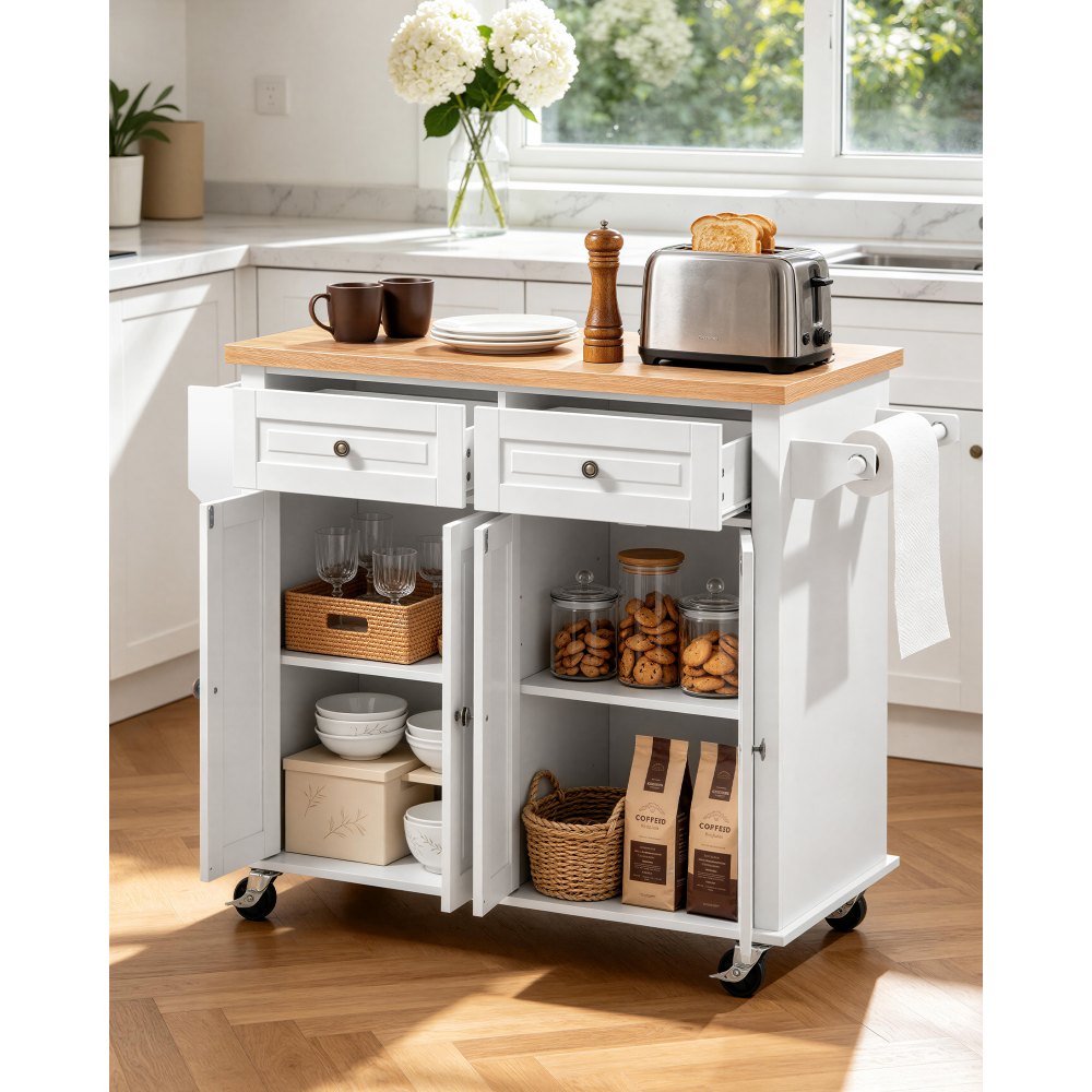 VEVOR Kitchen Island Cart with Storage, 1110 mm Wide Mobile Rolling Storage Island on Swivel Wheels, with 2 Drawers, Storage Cabinet, Spice/Towel Rack, Hooks, Table for Home Dining Room, White