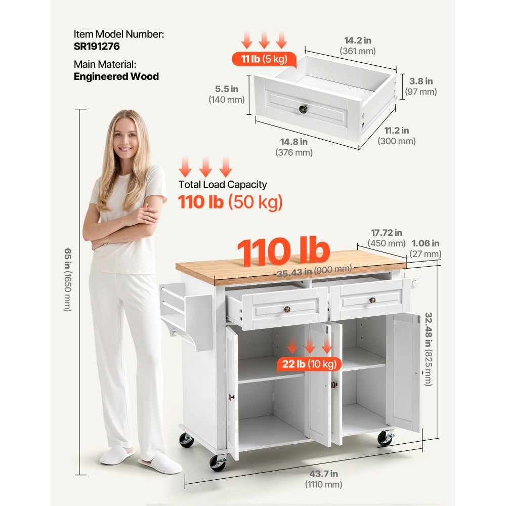 VEVOR Kitchen Island Cart with Storage, 1110 mm Wide Mobile Rolling Storage Island on Swivel Wheels, with 2 Drawers, Storage Cabinet, Spice/Towel Rack, Hooks, Table for Home Dining Room, White