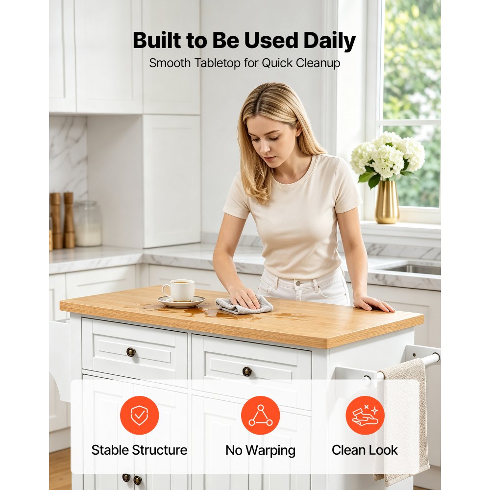 VEVOR Kitchen Island Cart with Storage, 1110 mm Wide Mobile Rolling Storage Island on Swivel Wheels, with 2 Drawers, Storage Cabinet, Spice/Towel Rack, Hooks, Table for Home Dining Room, White