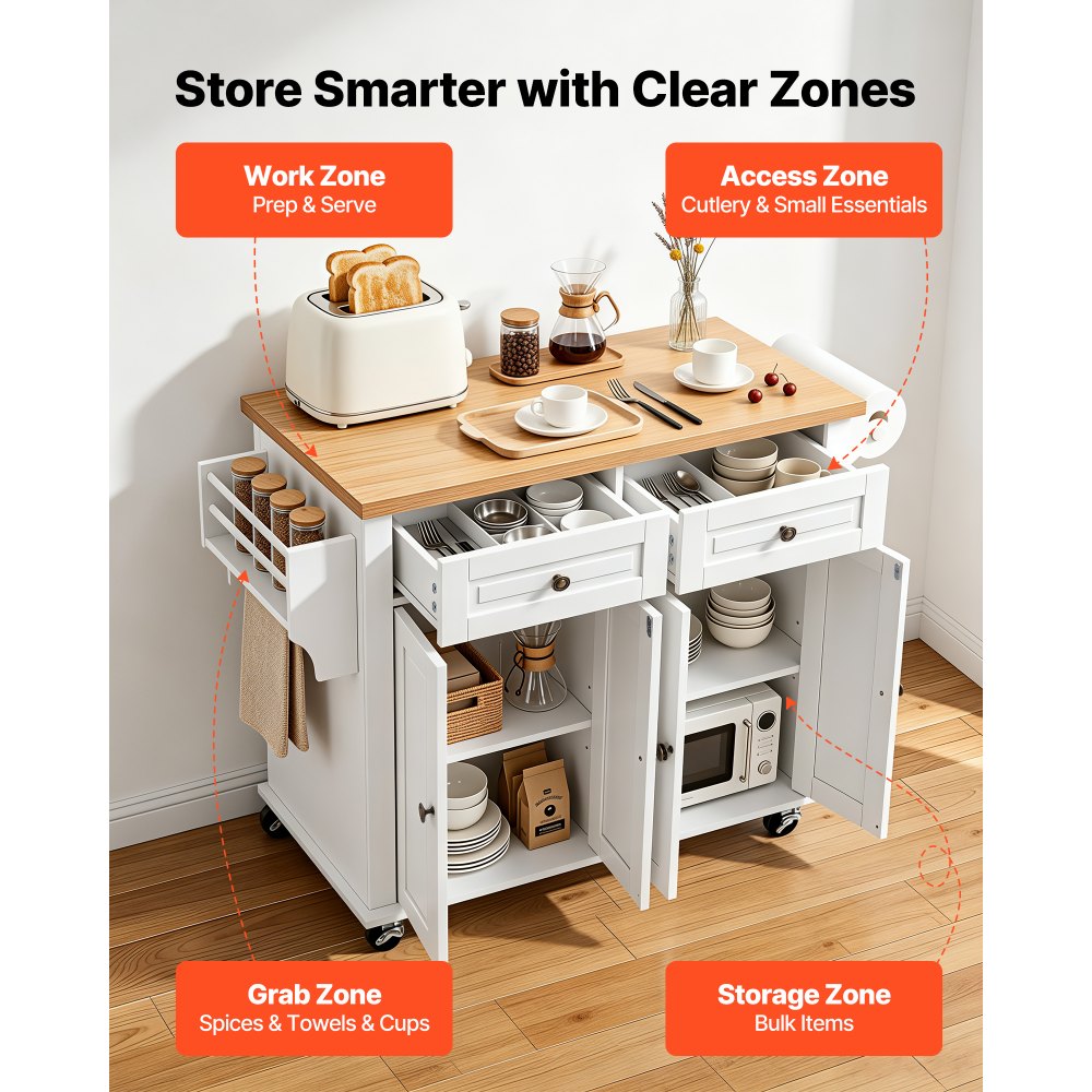 VEVOR Kitchen Island Cart with Storage, 43.7 in Wide Mobile Rolling Storage Island on Swivel Wheels, with 2 Drawers, Storage Cabinet, Spice/Towel Rack, Hooks, Table for Home Dining Room, White