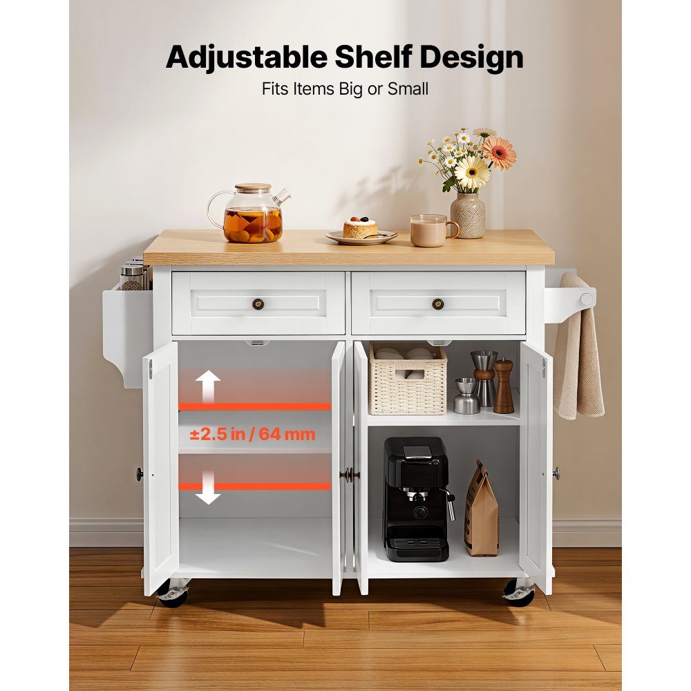 VEVOR Kitchen Island Cart with Storage, 43.7 in Wide Mobile Rolling Storage Island on Swivel Wheels, with 2 Drawers, Storage Cabinet, Spice/Towel Rack, Hooks, Table for Home Dining Room, White