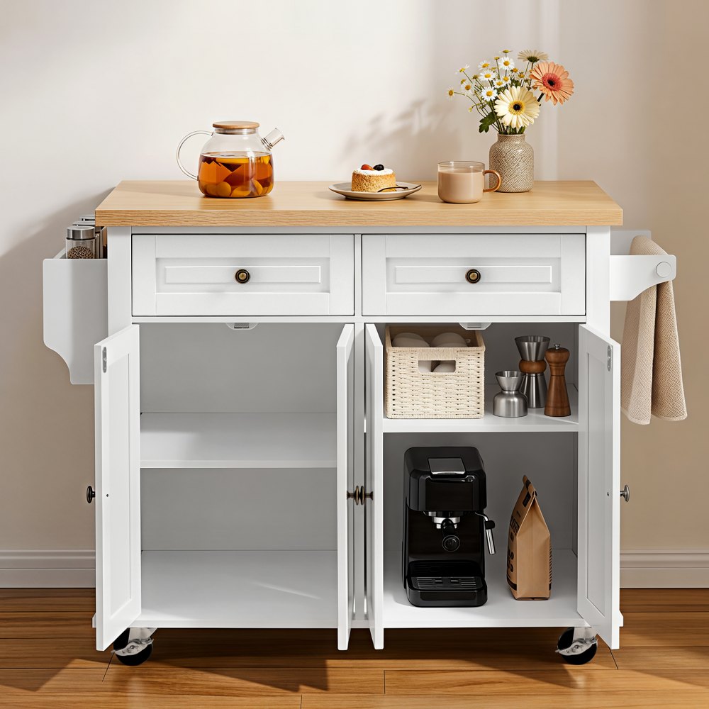 VEVOR Kitchen Island Cart with Storage, 43.7 in Wide Mobile Rolling Storage Island on Swivel Wheels, with 2 Drawers, Storage Cabinet, Spice/Towel Rack, Hooks, Table for Home Dining Room, White