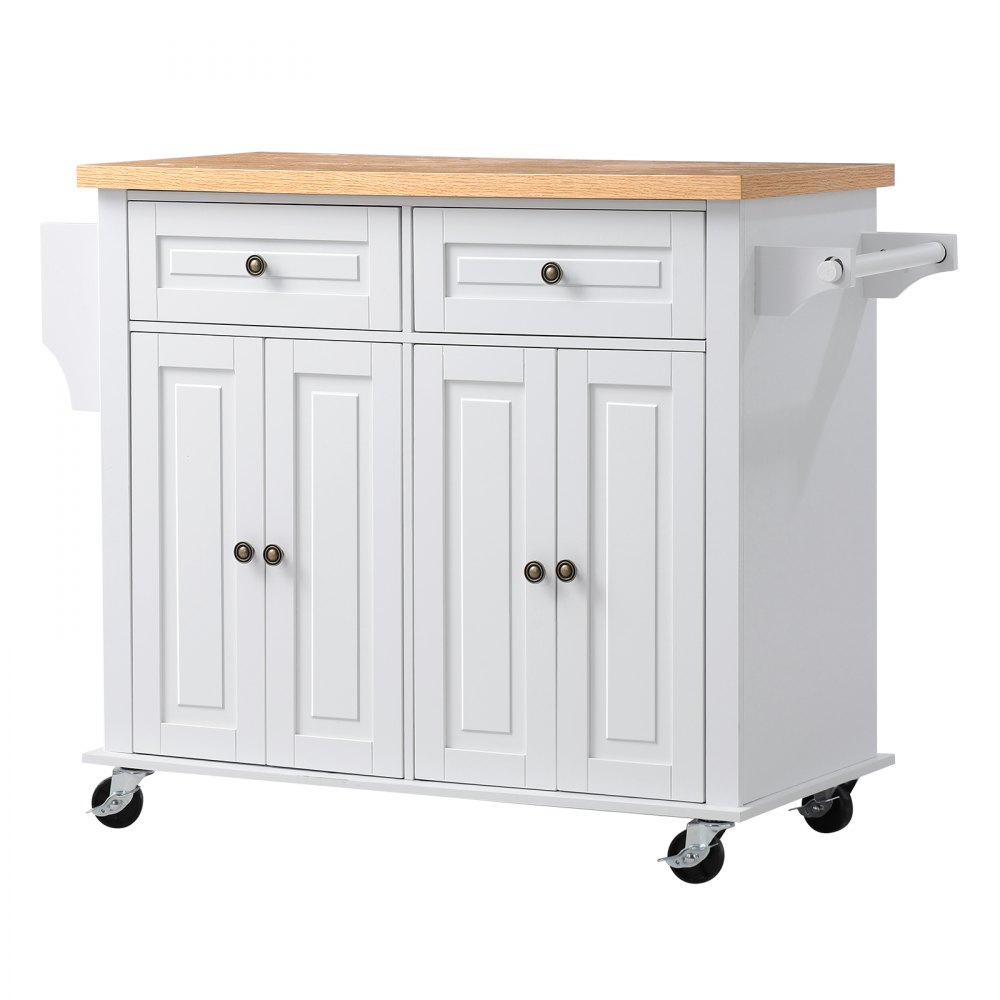 VEVOR Kitchen Island Cart with Storage, 43.7 in Wide Mobile Rolling Storage Island on Swivel Wheels, with 2 Drawers, Storage Cabinet, Spice/Towel Rack, Hooks, Table for Home Dining Room, White
