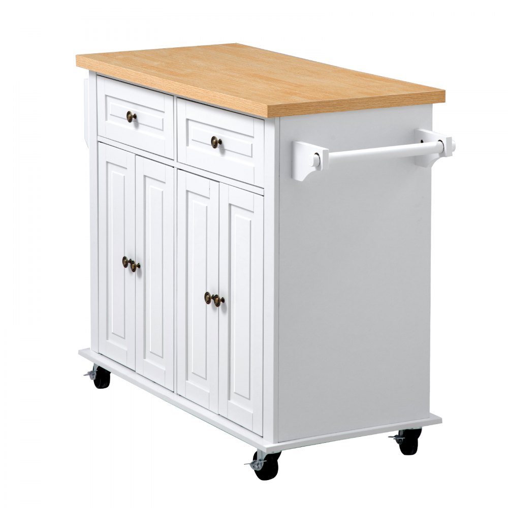 VEVOR Kitchen Island Cart with Storage, 43.7 in Wide Mobile Rolling Storage Island on Swivel Wheels, with 2 Drawers, Storage Cabinet, Spice/Towel Rack, Hooks, Table for Home Dining Room, White