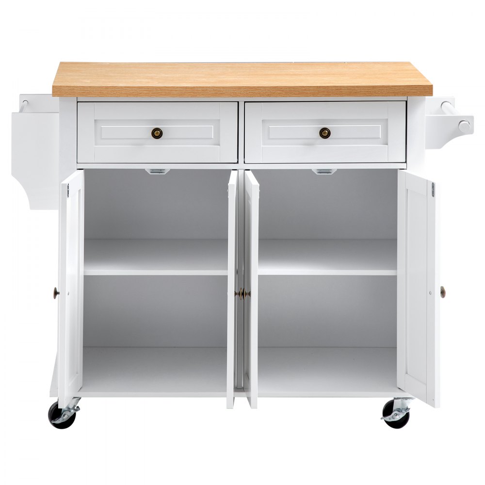 VEVOR Kitchen Island Cart with Storage, 43.7 in Wide Mobile Rolling Storage Island on Swivel Wheels, with 2 Drawers, Storage Cabinet, Spice/Towel Rack, Hooks, Table for Home Dining Room, White