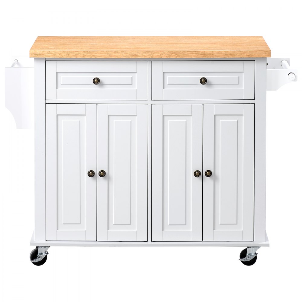 VEVOR Kitchen Island Cart with Storage, 43.7 in Wide Mobile Rolling Storage Island on Swivel Wheels, with 2 Drawers, Storage Cabinet, Spice/Towel Rack, Hooks, Table for Home Dining Room, White