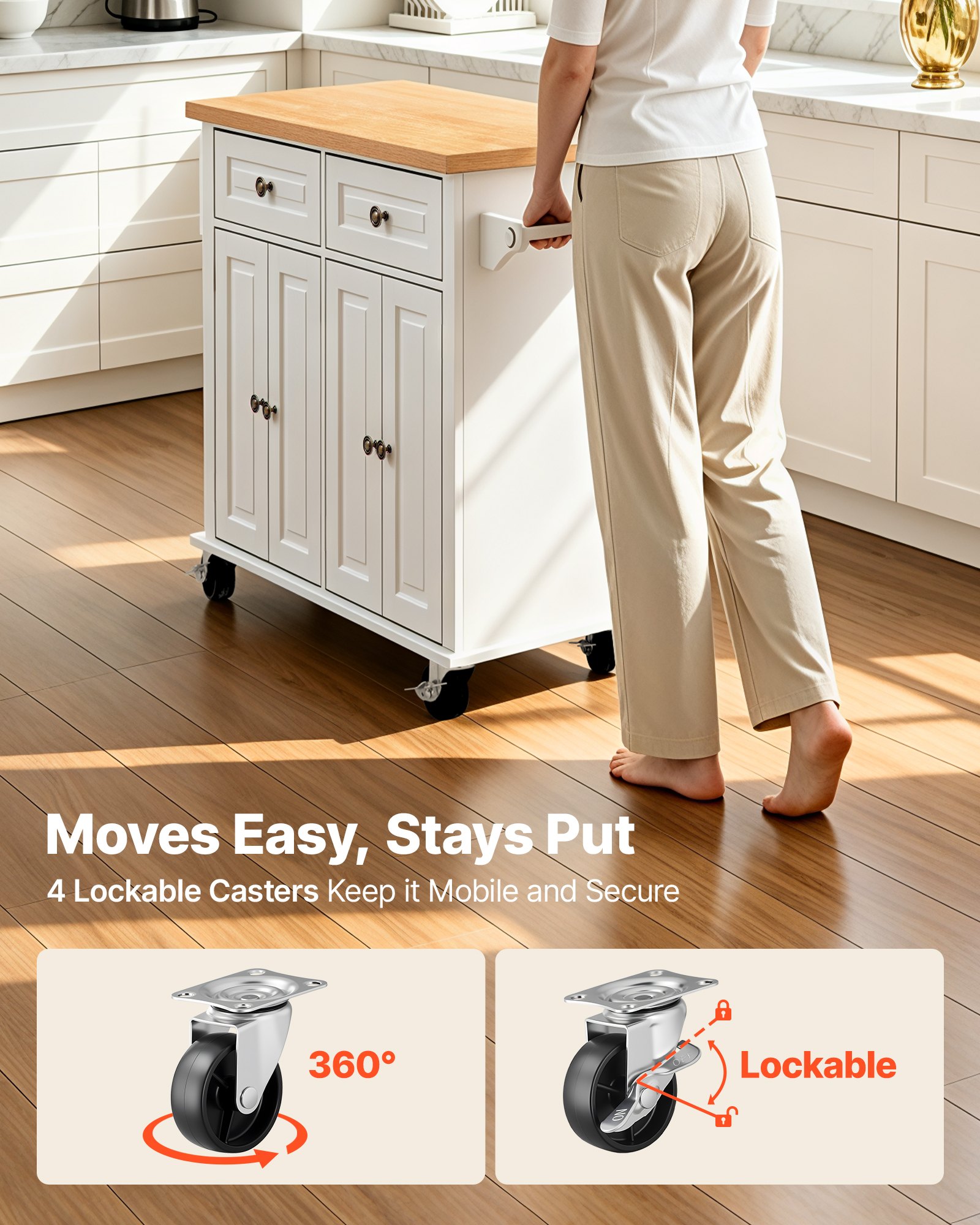 VEVOR Kitchen Island Cart with Storage, 1110 mm Wide Mobile Rolling Storage Island on Swivel Wheels, with 2 Drawers, Storage Cabinet, Spice/Towel Rack, Hooks, Table for Home Dining Room, White
