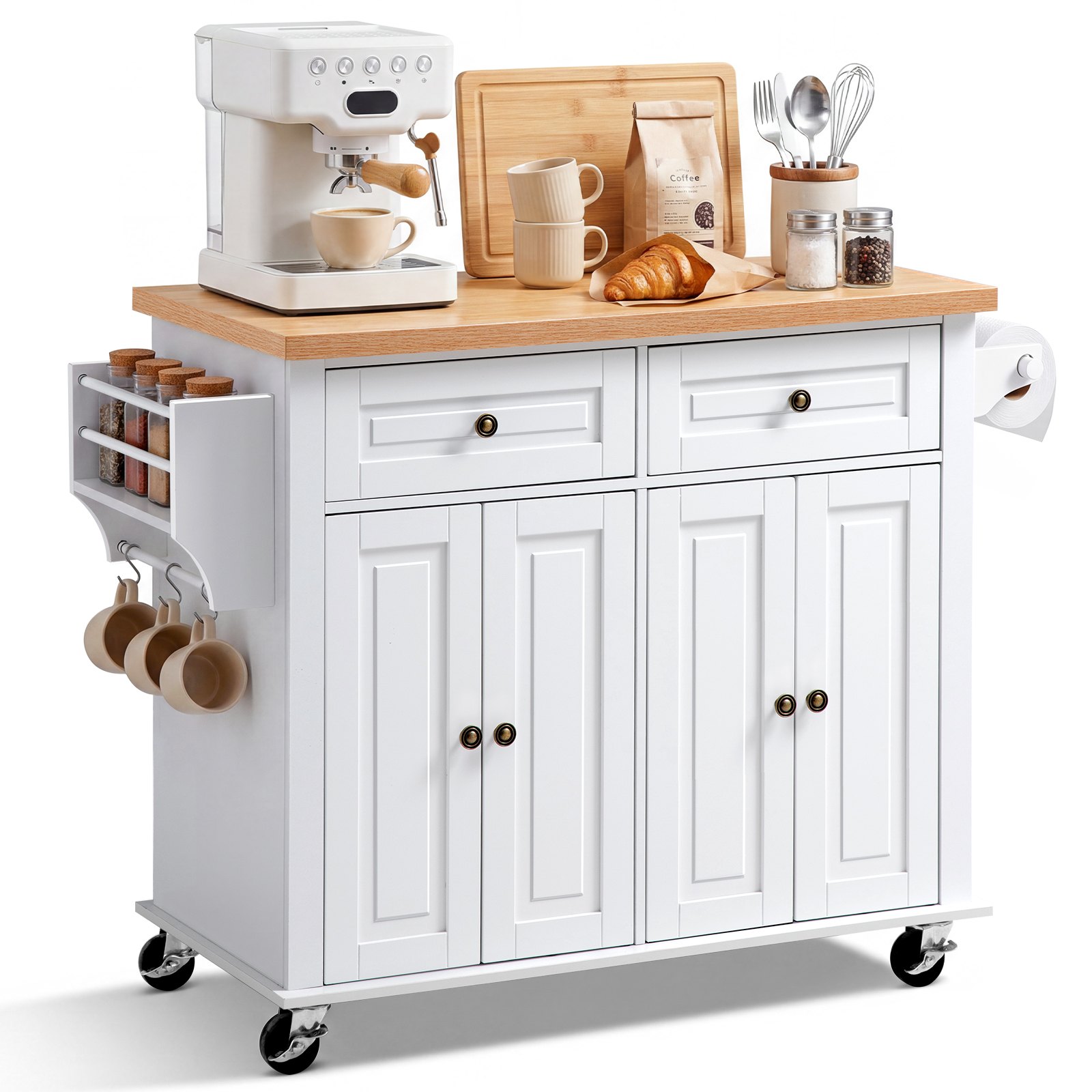 VEVOR Kitchen Island Cart with Storage, 1110 mm Wide Mobile Rolling Storage Island on Swivel Wheels, with 2 Drawers, Storage Cabinet, Spice/Towel Rack, Hooks, Table for Home Dining Room, White