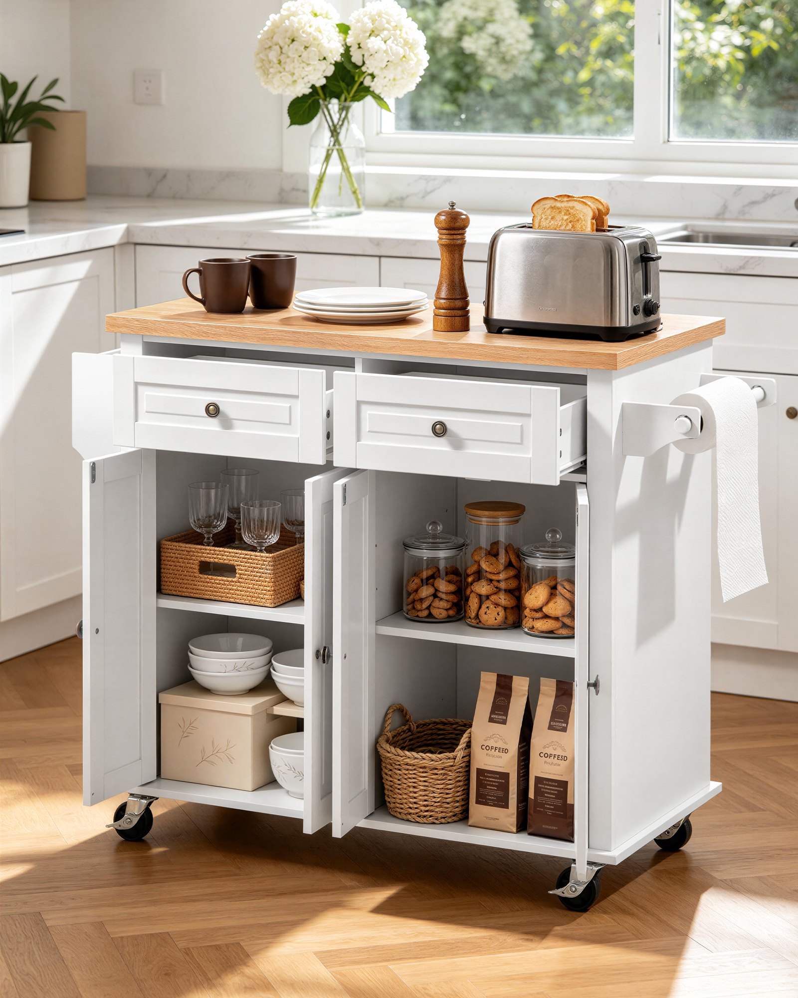 VEVOR Kitchen Island Cart with Storage, 43.7 in Wide Mobile Rolling Storage Island on Swivel Wheels, with 2 Drawers, Storage Cabinet, Spice/Towel Rack, Hooks, Table for Home Dining Room, White