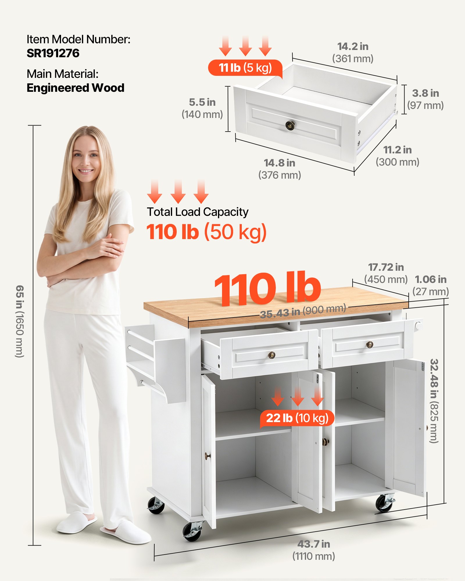 VEVOR Kitchen Island Cart with Storage, 43.7 in Wide Mobile Rolling Storage Island on Swivel Wheels, with 2 Drawers, Storage Cabinet, Spice/Towel Rack, Hooks, Table for Home Dining Room, White