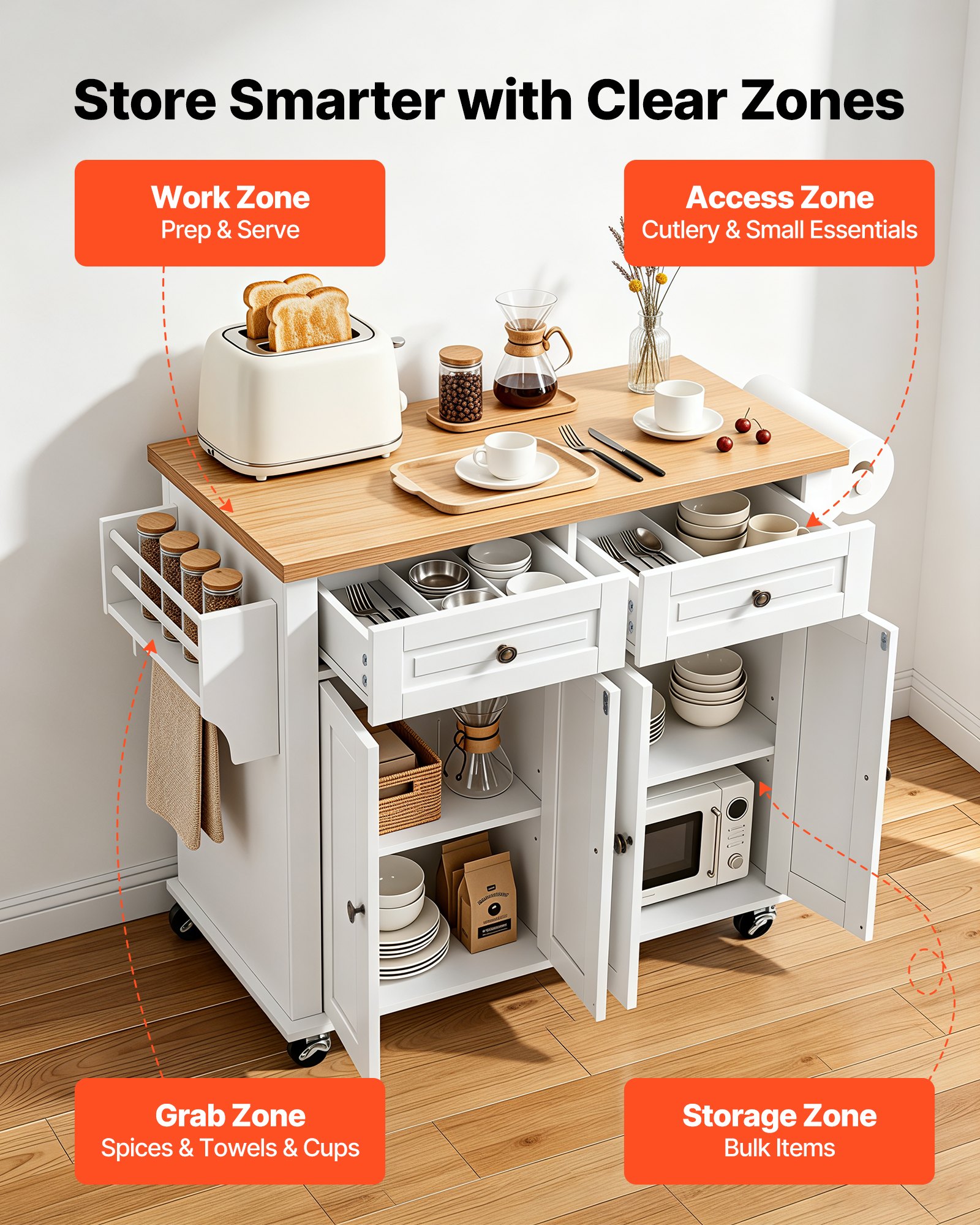 VEVOR Kitchen Island Cart with Storage, 43.7 in Wide Mobile Rolling Storage Island on Swivel Wheels, with 2 Drawers, Storage Cabinet, Spice/Towel Rack, Hooks, Table for Home Dining Room, White