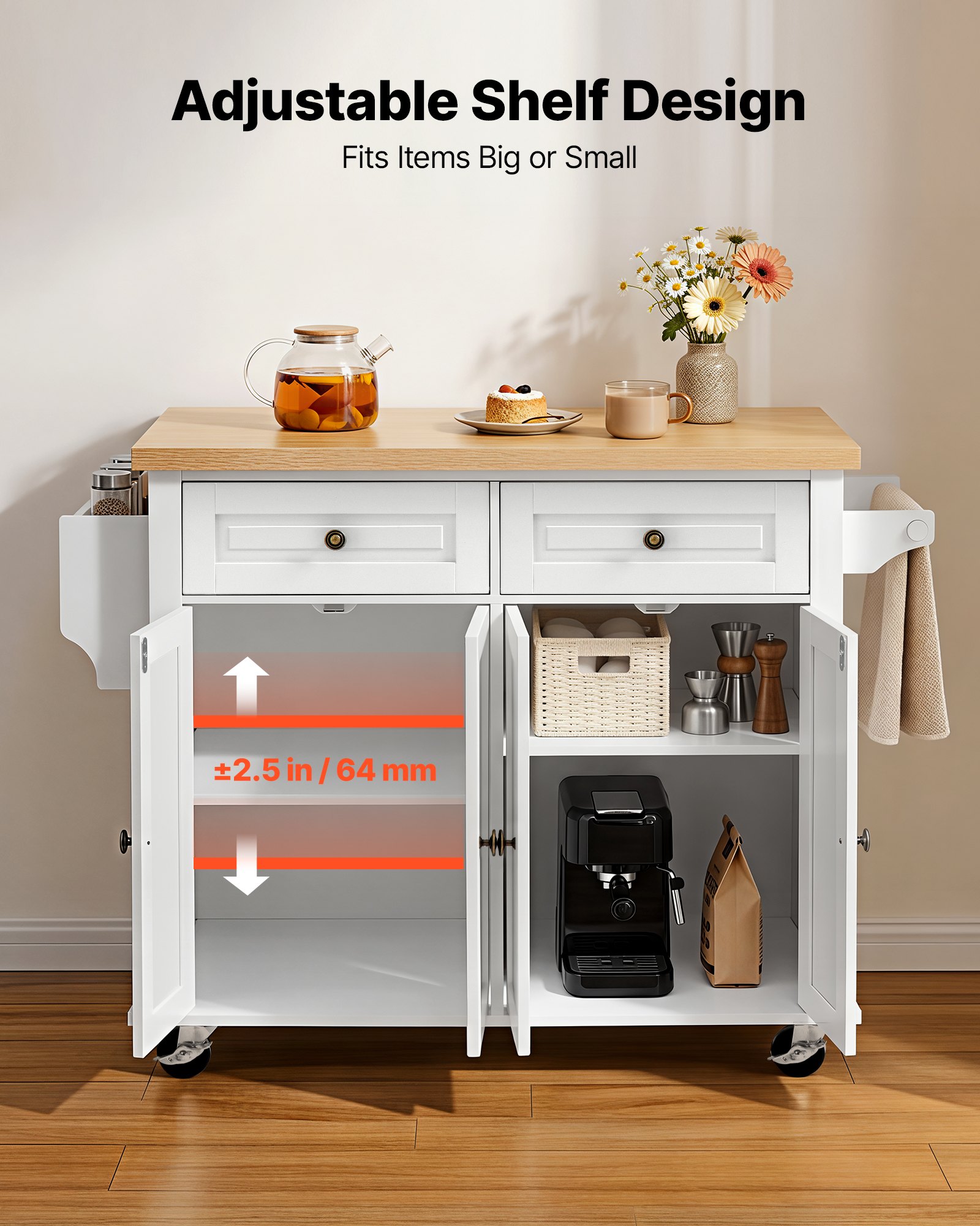 VEVOR Kitchen Island Cart with Storage, 43.7 in Wide Mobile Rolling Storage Island on Swivel Wheels, with 2 Drawers, Storage Cabinet, Spice/Towel Rack, Hooks, Table for Home Dining Room, White