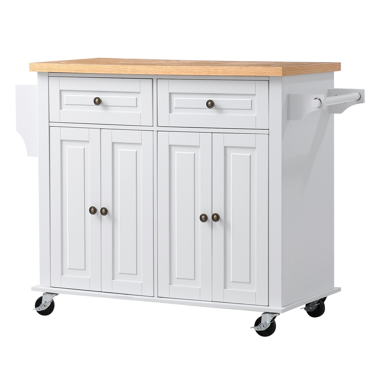 VEVOR Kitchen Island Cart with Storage, 43.7 in Wide Mobile Rolling Storage Island on Swivel Wheels, with 2 Drawers, Storage Cabinet, Spice/Towel Rack, Hooks, Table for Home Dining Room, White