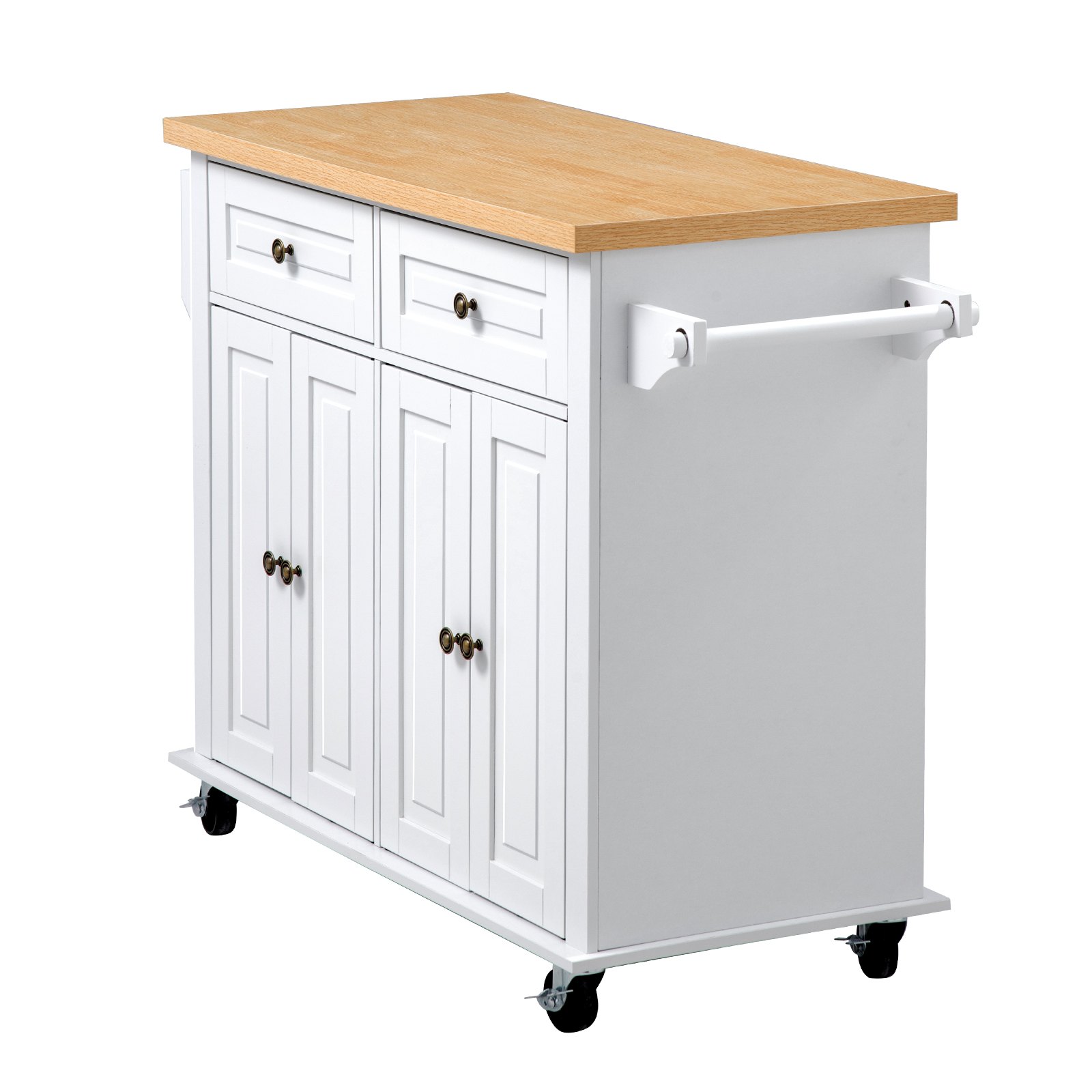 VEVOR Kitchen Island Cart with Storage, 43.7 in Wide Mobile Rolling Storage Island on Swivel Wheels, with 2 Drawers, Storage Cabinet, Spice/Towel Rack, Hooks, Table for Home Dining Room, White
