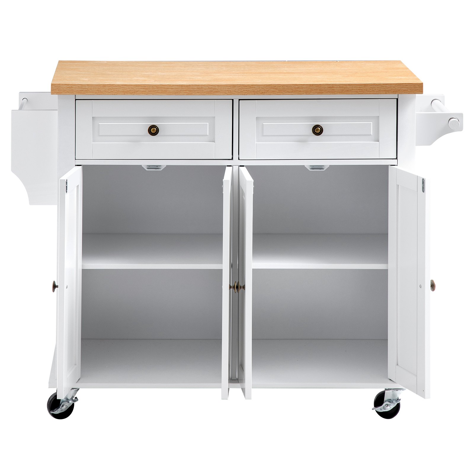 VEVOR Kitchen Island Cart with Storage, 43.7 in Wide Mobile Rolling Storage Island on Swivel Wheels, with 2 Drawers, Storage Cabinet, Spice/Towel Rack, Hooks, Table for Home Dining Room, White