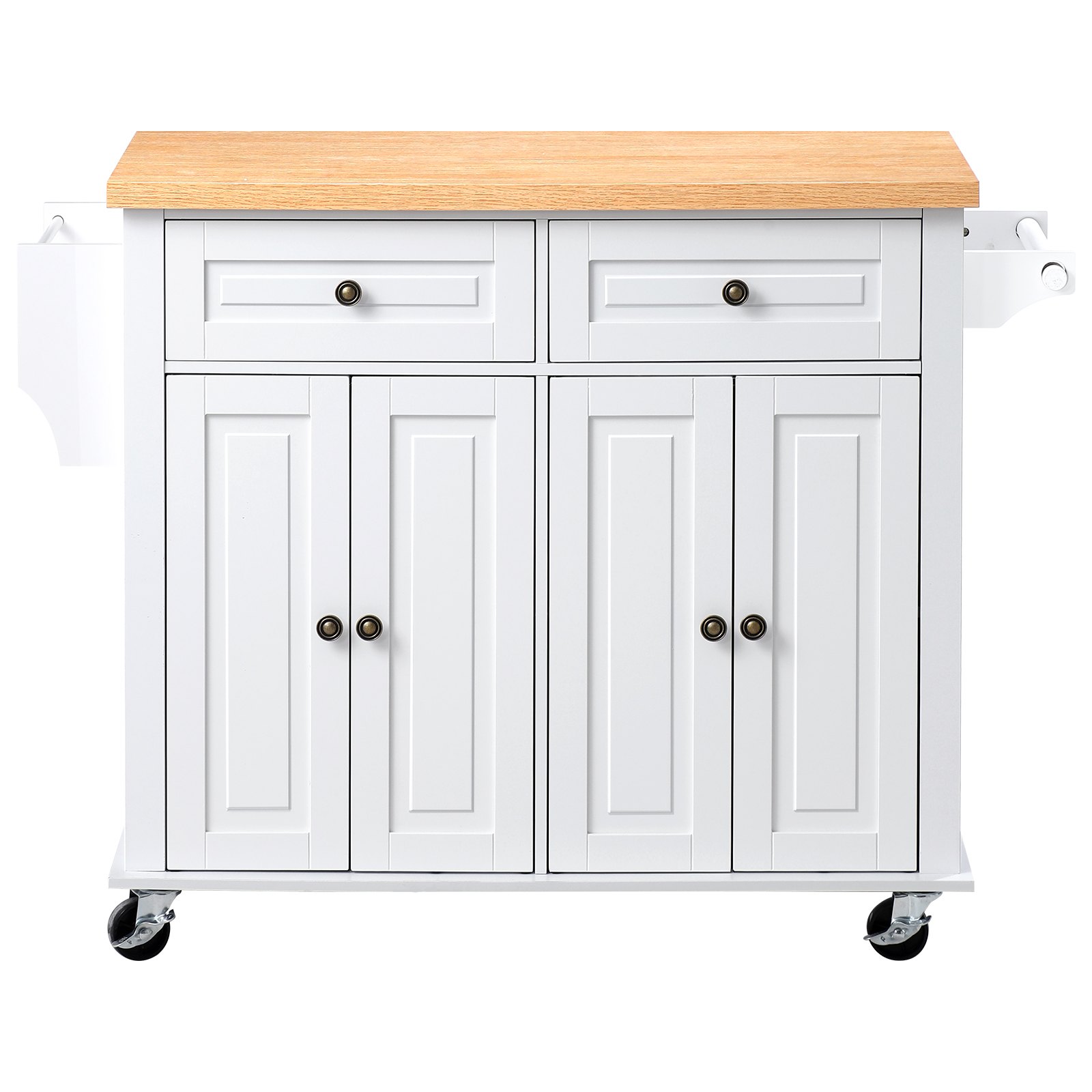 VEVOR Kitchen Island Cart with Storage, 43.7 in Wide Mobile Rolling Storage Island on Swivel Wheels, with 2 Drawers, Storage Cabinet, Spice/Towel Rack, Hooks, Table for Home Dining Room, White