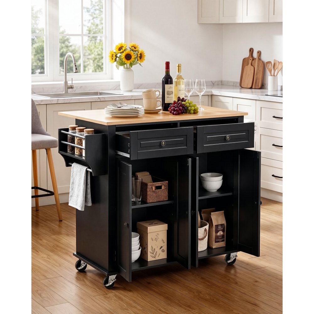 VEVOR Kitchen Island Cart with Storage, 43.58 in Wide Mobile Rolling Storage Island on Swivel Wheels, with 2 Drawers, Storage Cabinet, Drop Leaf, Spice/Towel Rack, Table for Home Dining Room, Black