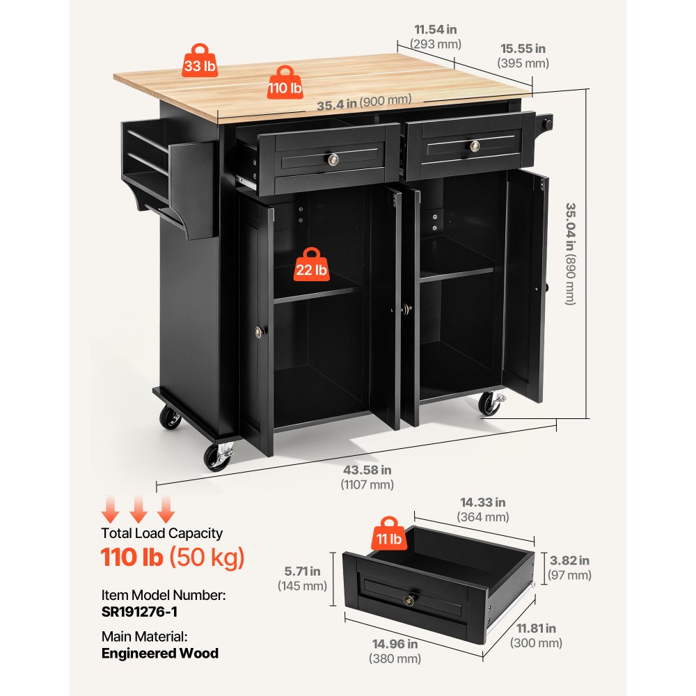VEVOR Kitchen Island Cart with Storage, 43.58 in Wide Mobile Rolling Storage Island on Swivel Wheels, with 2 Drawers, Storage Cabinet, Drop Leaf, Spice/Towel Rack, Table for Home Dining Room, Black