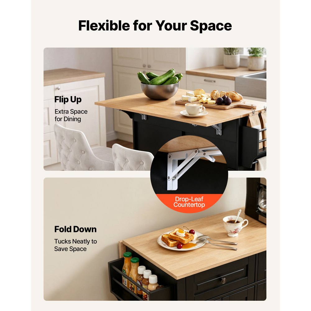 VEVOR Kitchen Island Cart with Storage, 43.58 in Wide Mobile Rolling Storage Island on Swivel Wheels, with 2 Drawers, Storage Cabinet, Drop Leaf, Spice/Towel Rack, Table for Home Dining Room, Black