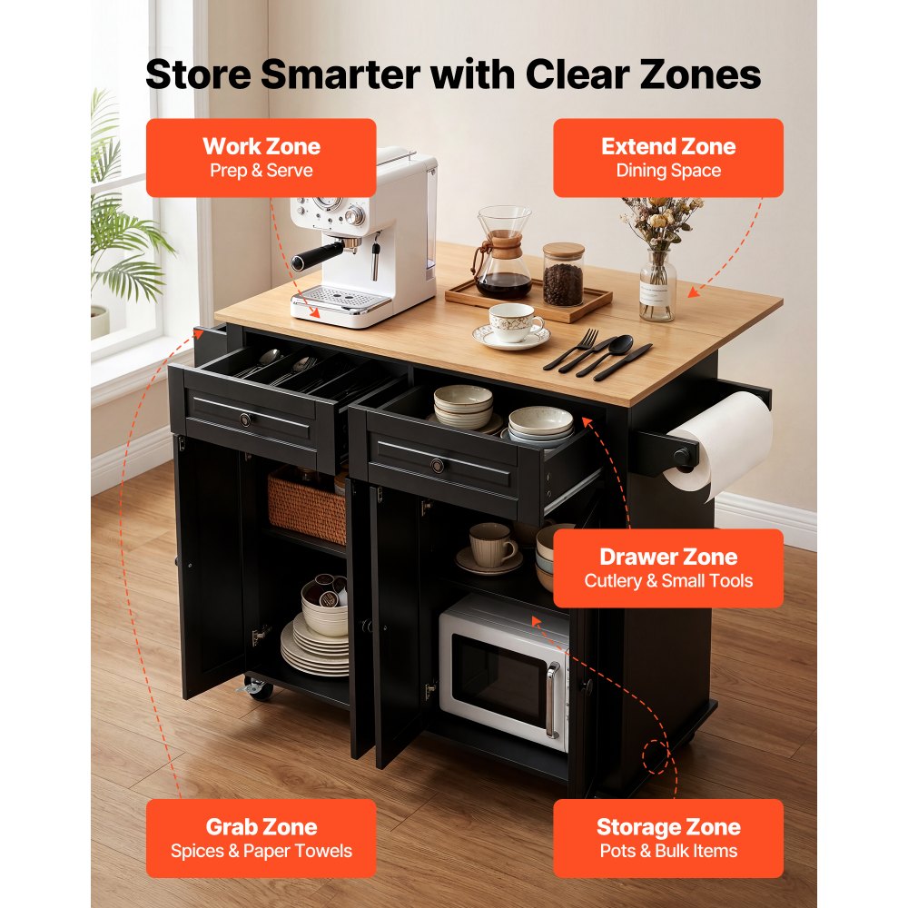 VEVOR Kitchen Island Cart with Storage, 43.58 in Wide Mobile Rolling Storage Island on Swivel Wheels, with 2 Drawers, Storage Cabinet, Drop Leaf, Spice/Towel Rack, Table for Home Dining Room, Black