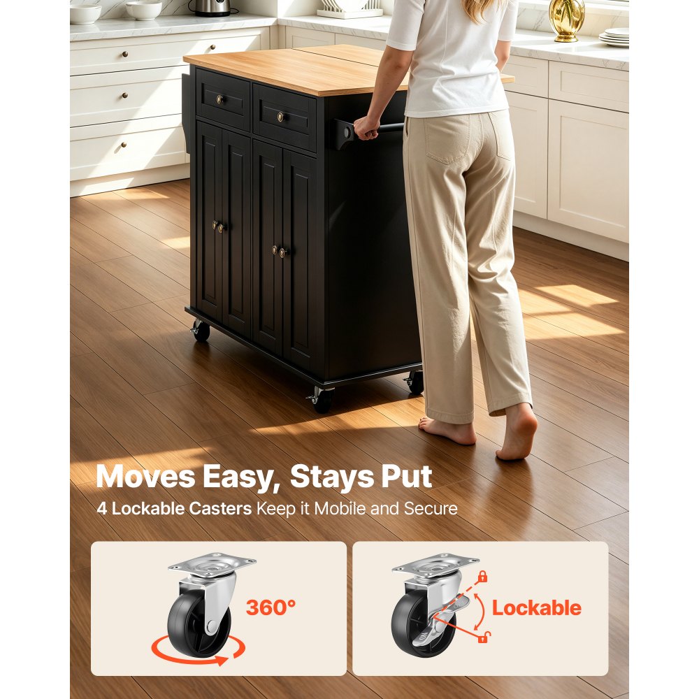 VEVOR Kitchen Island Cart with Storage, 43.58 in Wide Mobile Rolling Storage Island on Swivel Wheels, with 2 Drawers, Storage Cabinet, Drop Leaf, Spice/Towel Rack, Table for Home Dining Room, Black