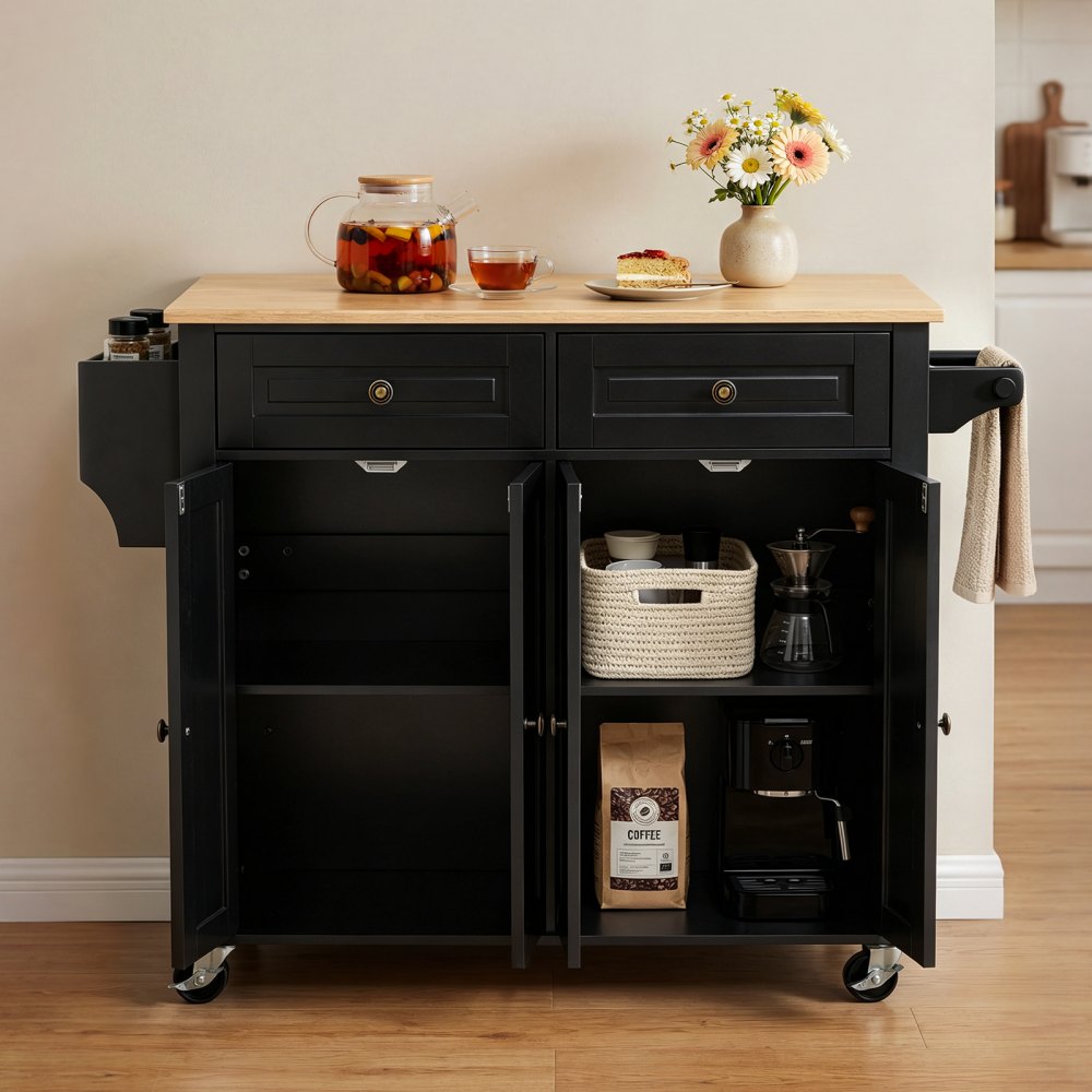 VEVOR Kitchen Island Cart with Storage, 43.58 in Wide Mobile Rolling Storage Island on Swivel Wheels, with 2 Drawers, Storage Cabinet, Drop Leaf, Spice/Towel Rack, Table for Home Dining Room, Black