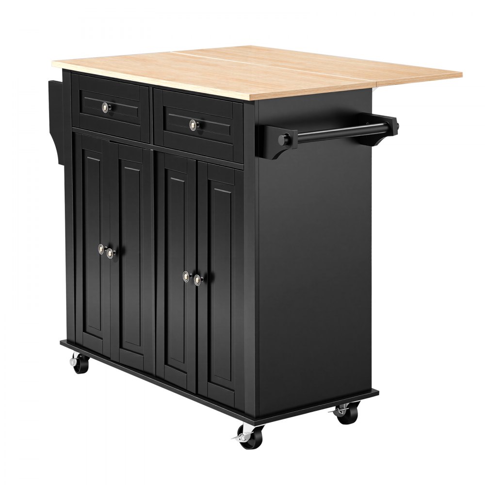 VEVOR Kitchen Island Cart with Storage, 43.58 in Wide Mobile Rolling Storage Island on Swivel Wheels, with 2 Drawers, Storage Cabinet, Drop Leaf, Spice/Towel Rack, Table for Home Dining Room, Black