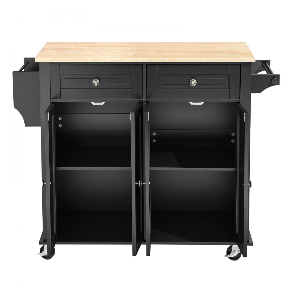 VEVOR Kitchen Island Cart with Storage, 43.58 in Wide Mobile Rolling Storage Island on Swivel Wheels, with 2 Drawers, Storage Cabinet, Drop Leaf, Spice/Towel Rack, Table for Home Dining Room, Black