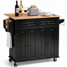 VEVOR Kitchen Island Cart with Storage, 43.58 in Wide Mobile Rolling Storage Island on Swivel Wheels, with 2 Drawers, Storage Cabinet, Drop Leaf, Spice/Towel Rack, Table for Home Dining Room, Black