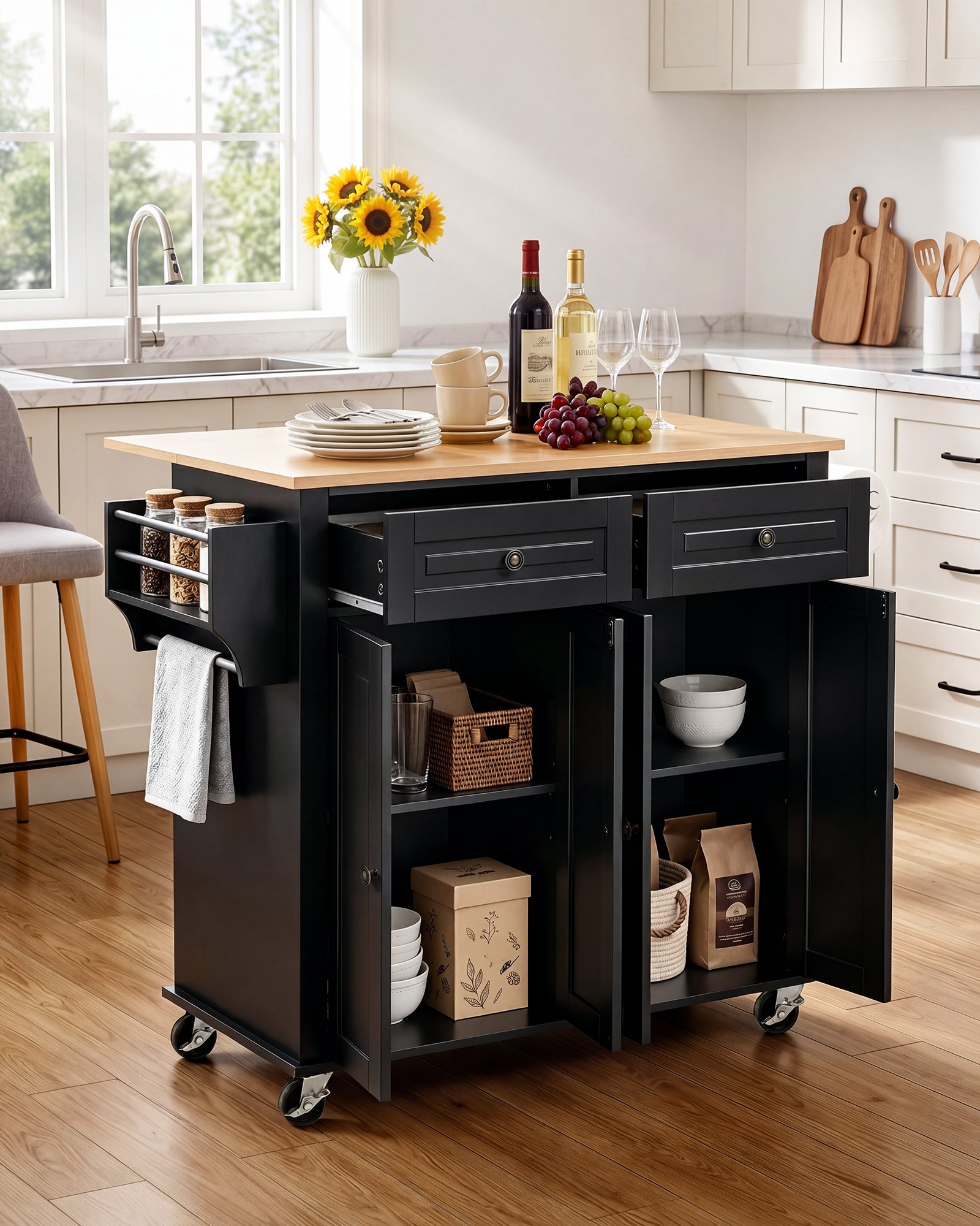 VEVOR Kitchen Island Cart with Storage, 43.58 in Wide Mobile Rolling Storage Island on Swivel Wheels, with 2 Drawers, Storage Cabinet, Drop Leaf, Spice/Towel Rack, Table for Home Dining Room, Black
