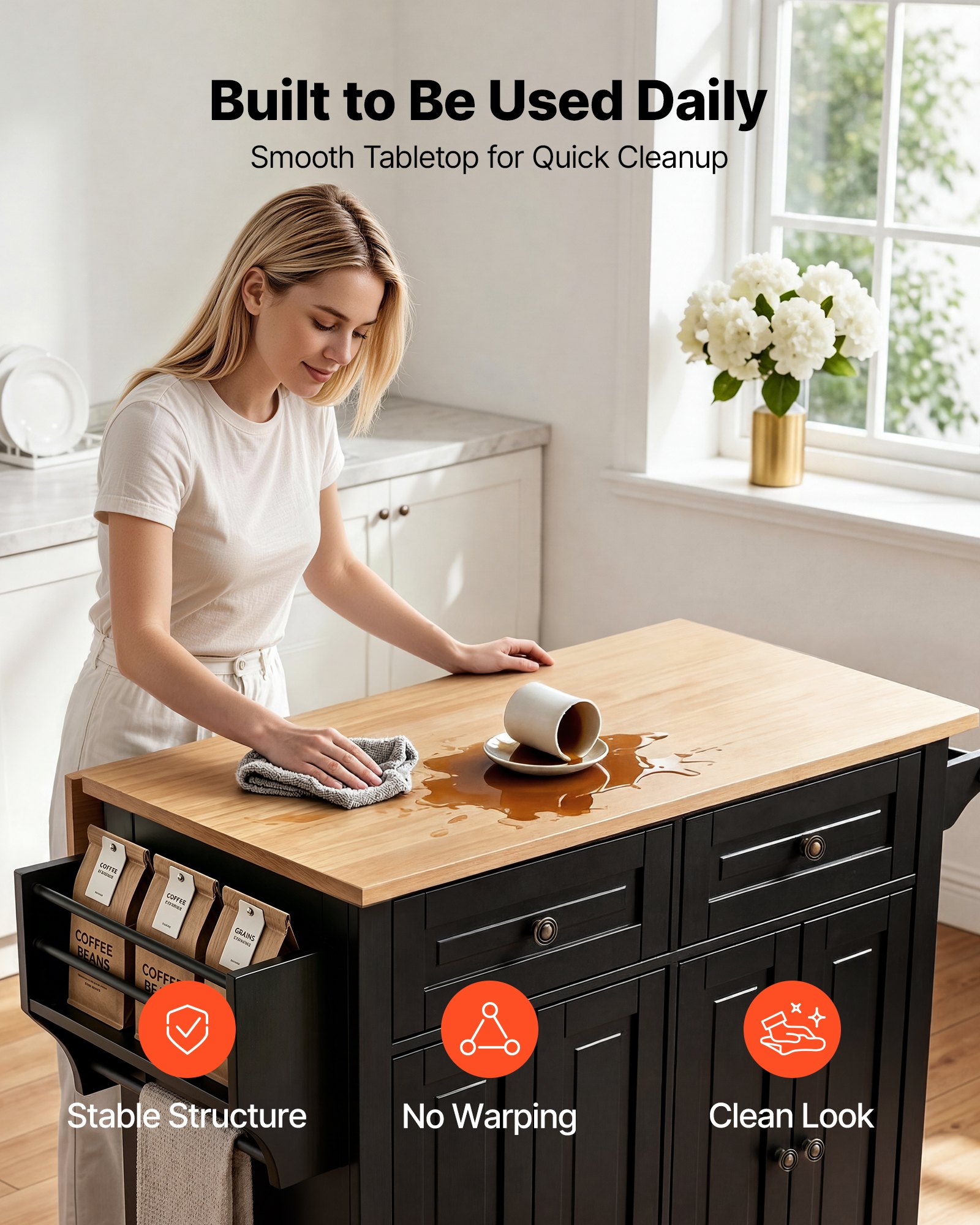 VEVOR Kitchen Island Cart with Storage, 43.58 in Wide Mobile Rolling Storage Island on Swivel Wheels, with 2 Drawers, Storage Cabinet, Drop Leaf, Spice/Towel Rack, Table for Home Dining Room, Black