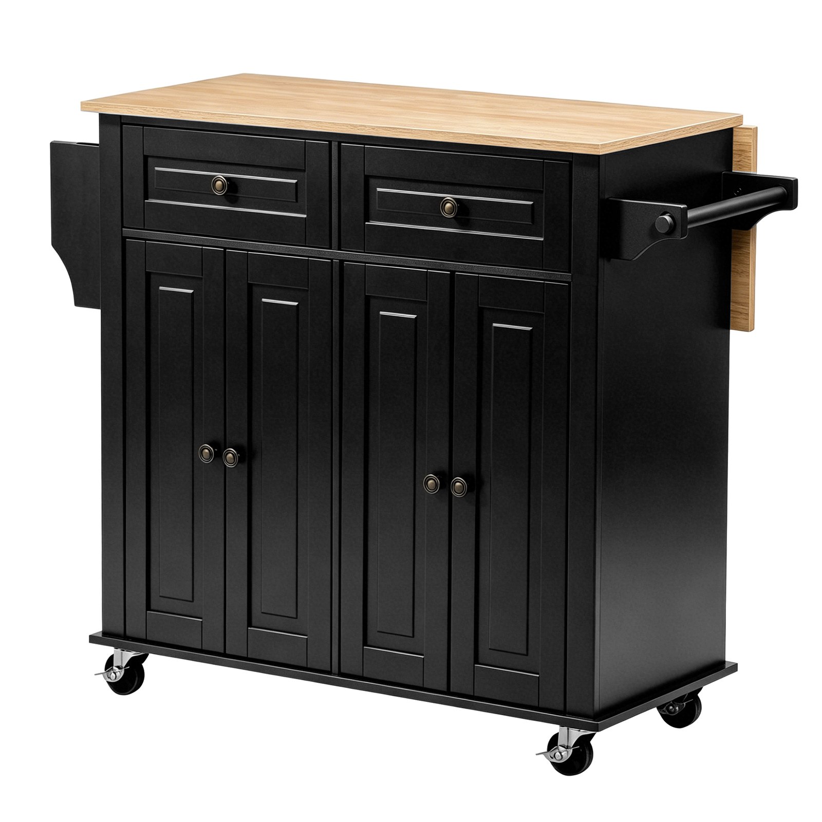 VEVOR Kitchen Island Cart with Storage, 43.58 in Wide Mobile Rolling Storage Island on Swivel Wheels, with 2 Drawers, Storage Cabinet, Drop Leaf, Spice/Towel Rack, Table for Home Dining Room, Black