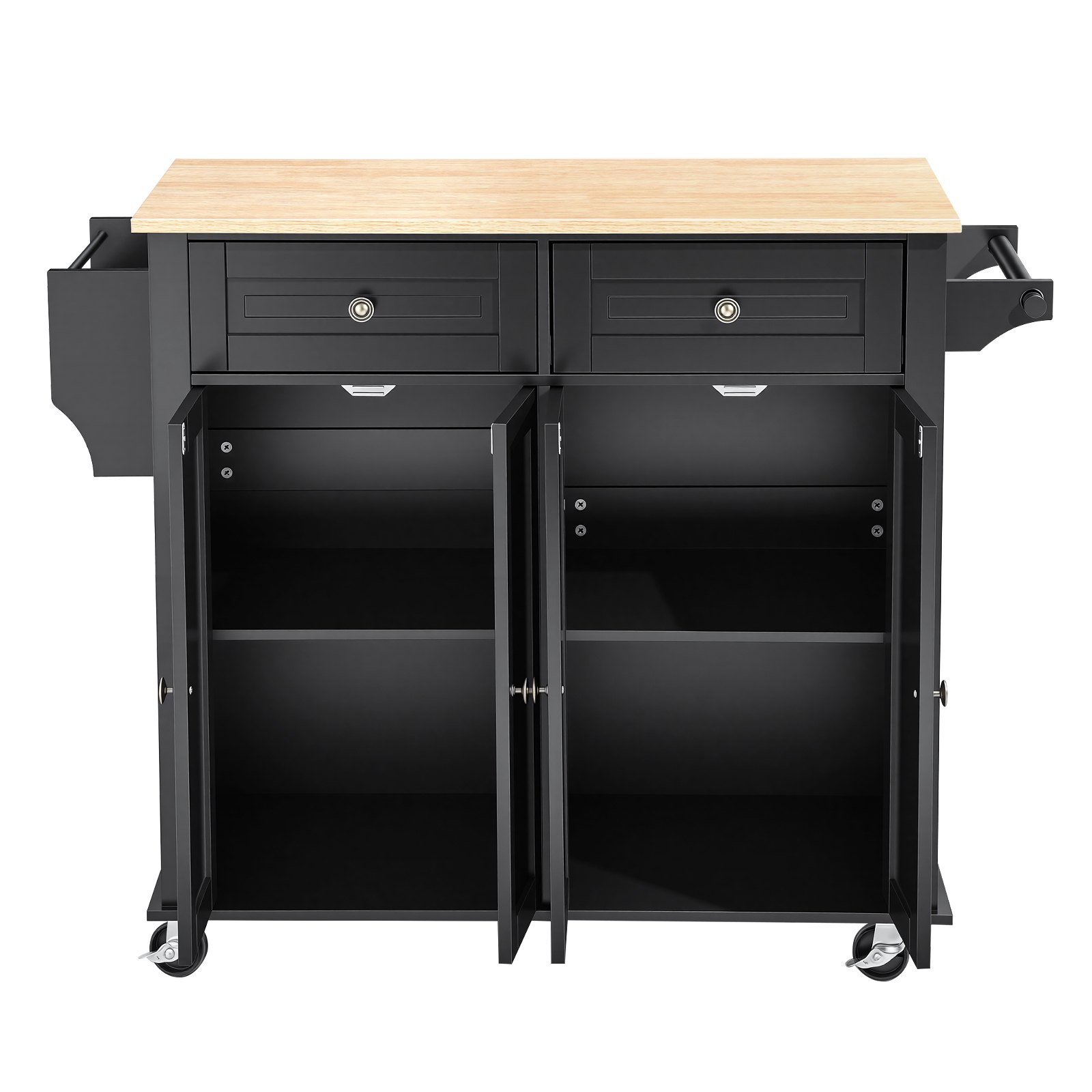 VEVOR Kitchen Island Cart with Storage, 43.58 in Wide Mobile Rolling Storage Island on Swivel Wheels, with 2 Drawers, Storage Cabinet, Drop Leaf, Spice/Towel Rack, Table for Home Dining Room, Black